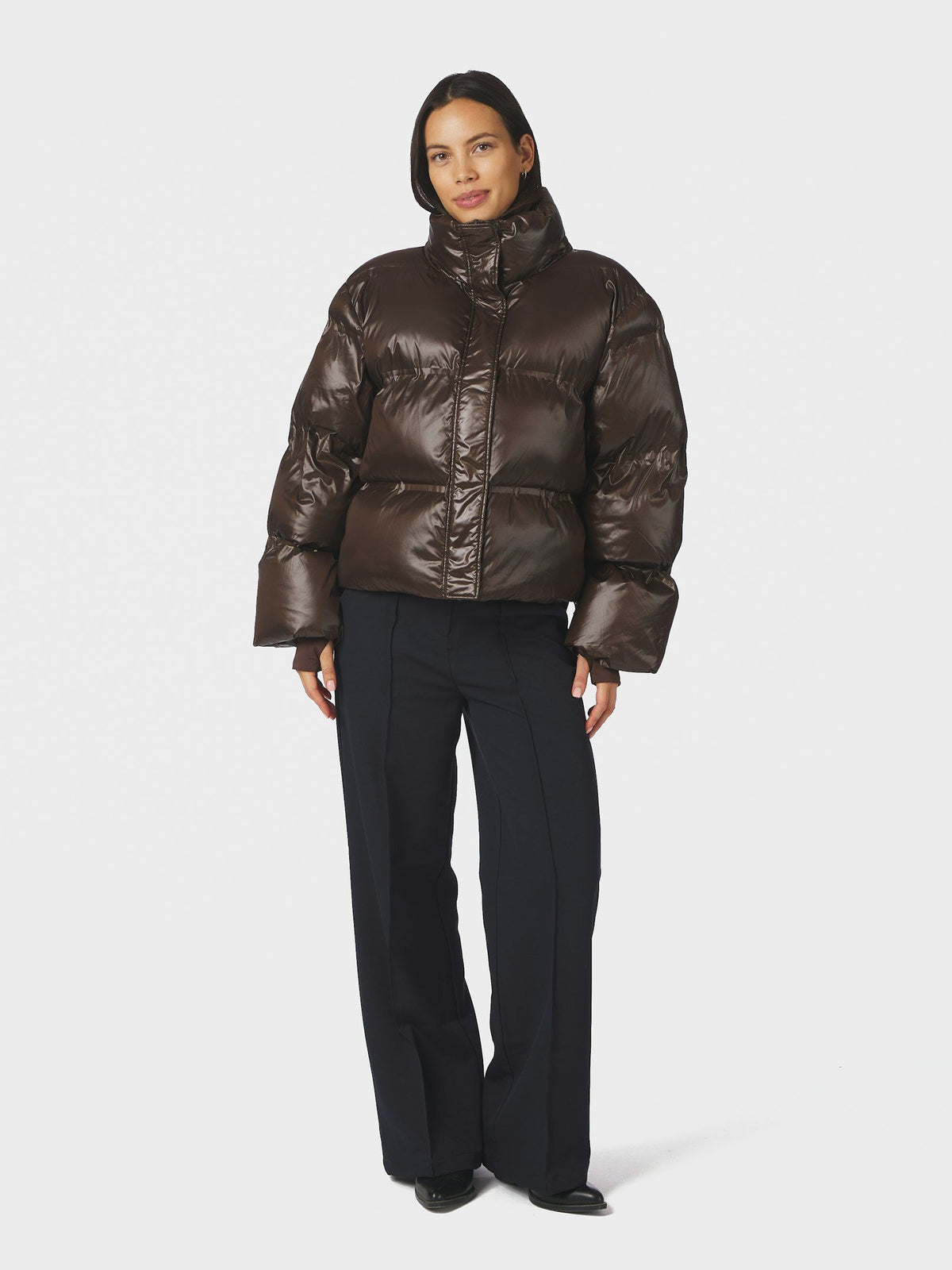 Rhea Shiny Puffer Jacket - Chocolate Brown