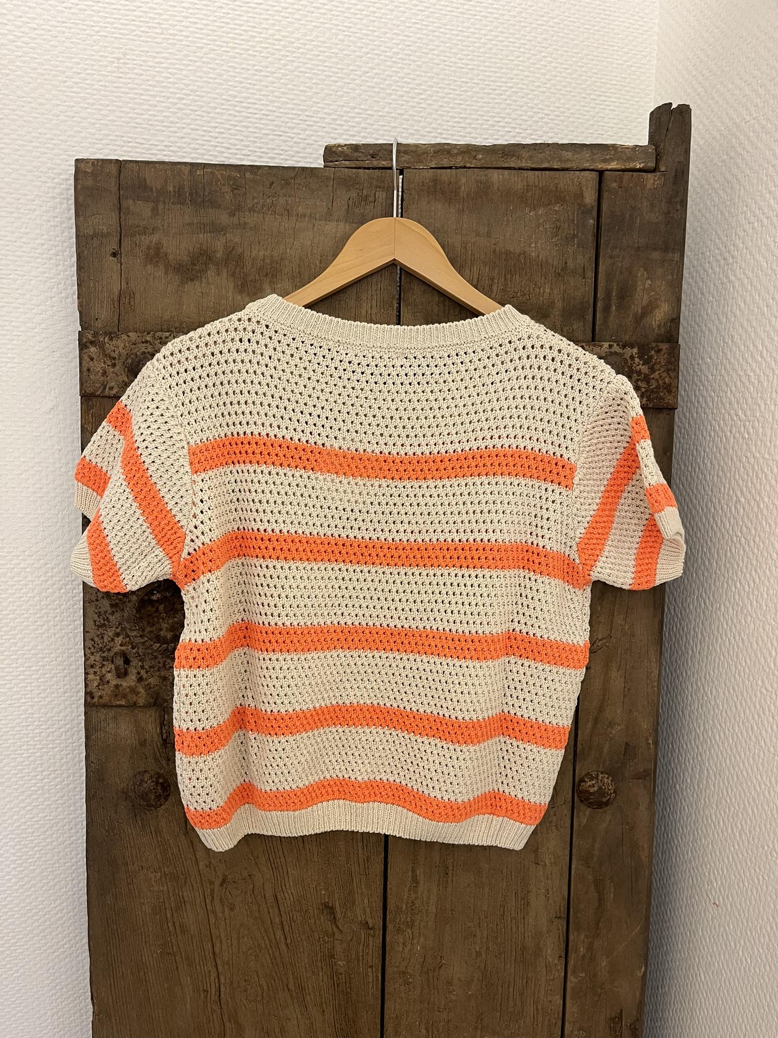 Knitted Striped T-Shirt - Off White/Orange