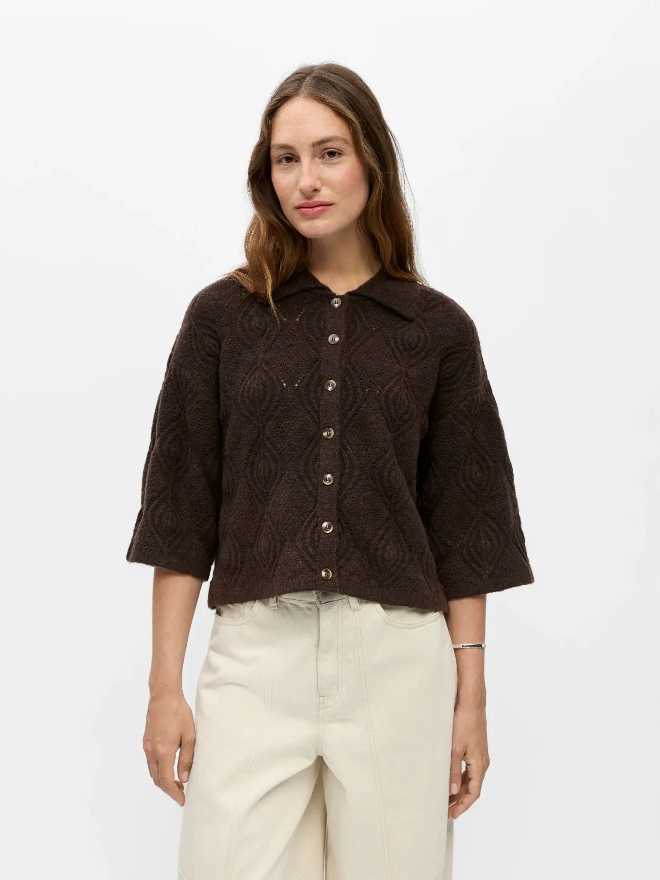 KAISA FLORA 3/4 LO KNIT CARDIGAN - Seal Brown Melange