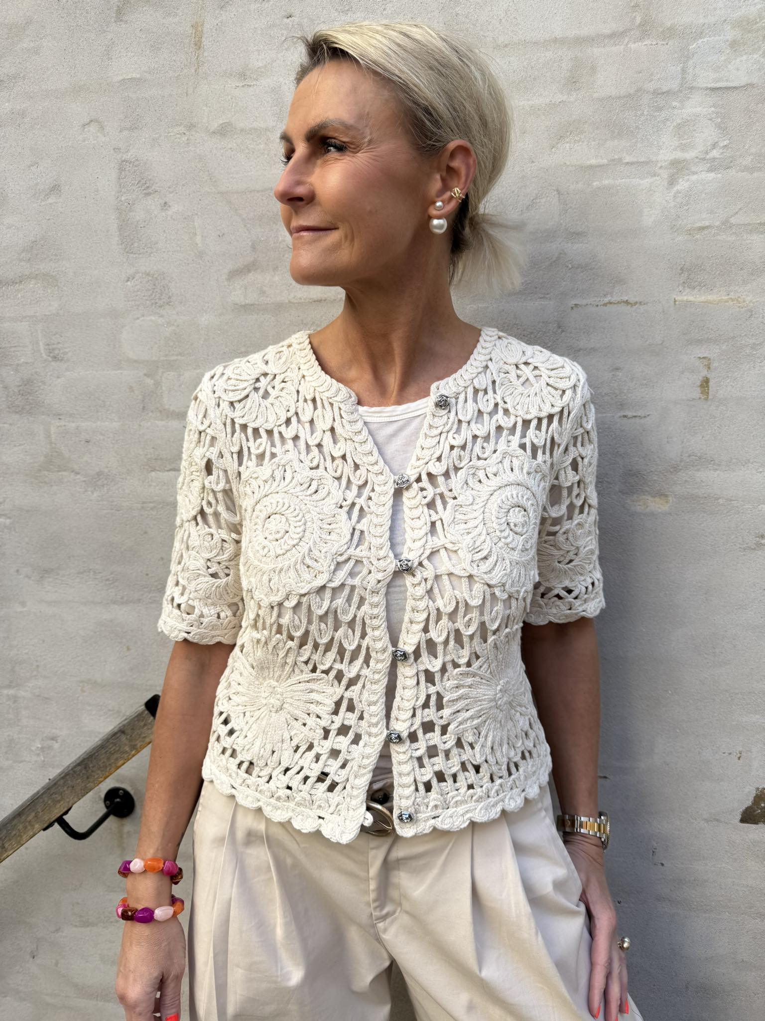 MINGA SS KNIT CARDIGAN - Birch_Brown stitch
