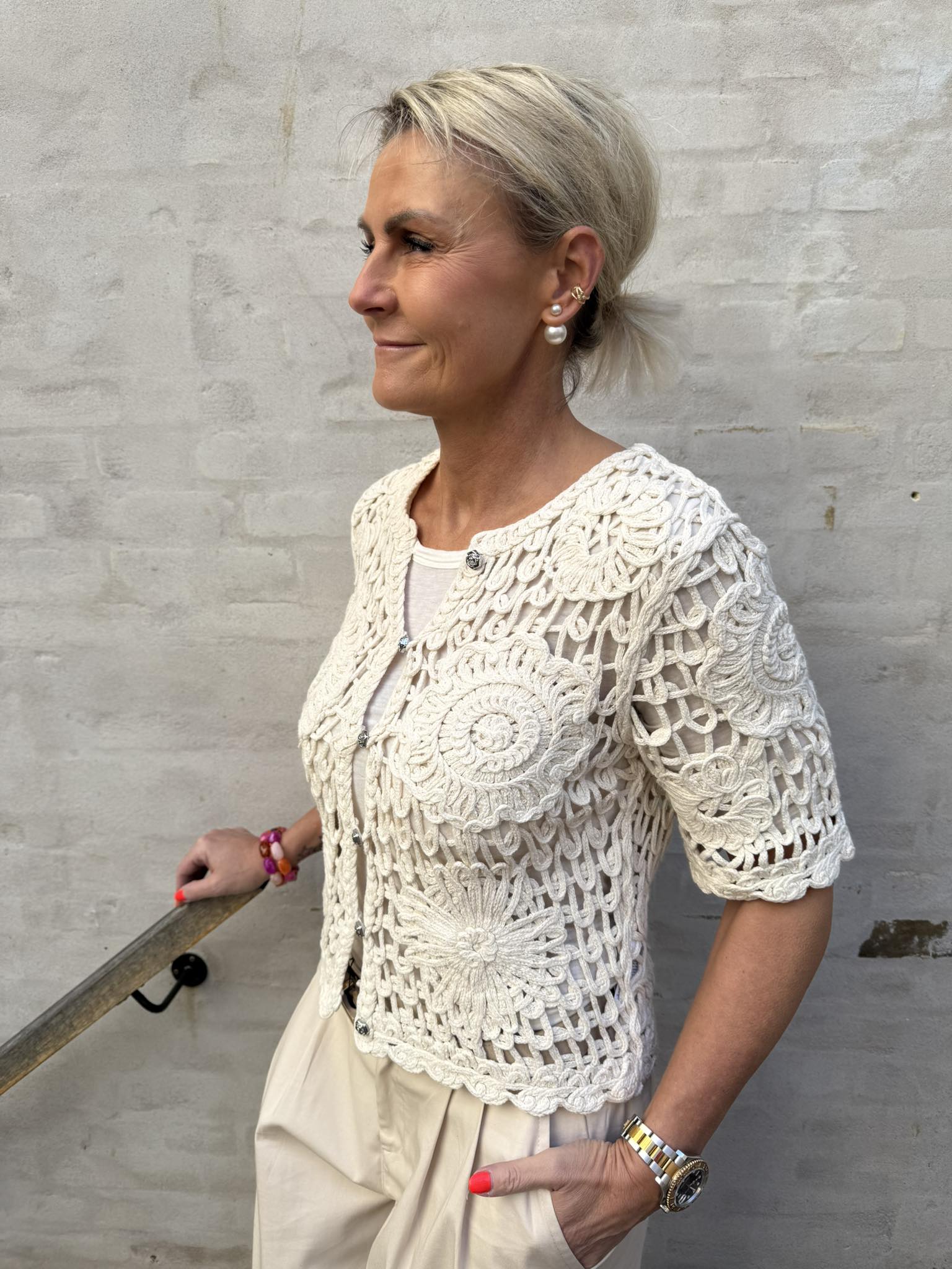 MINGA SS KNIT CARDIGAN - Birch_Brown stitch