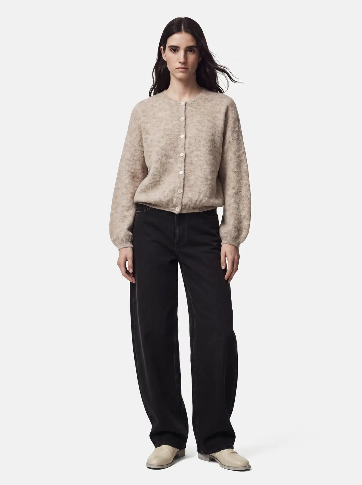 Allie LS O-neck Knit Cardigan - Greige Melange