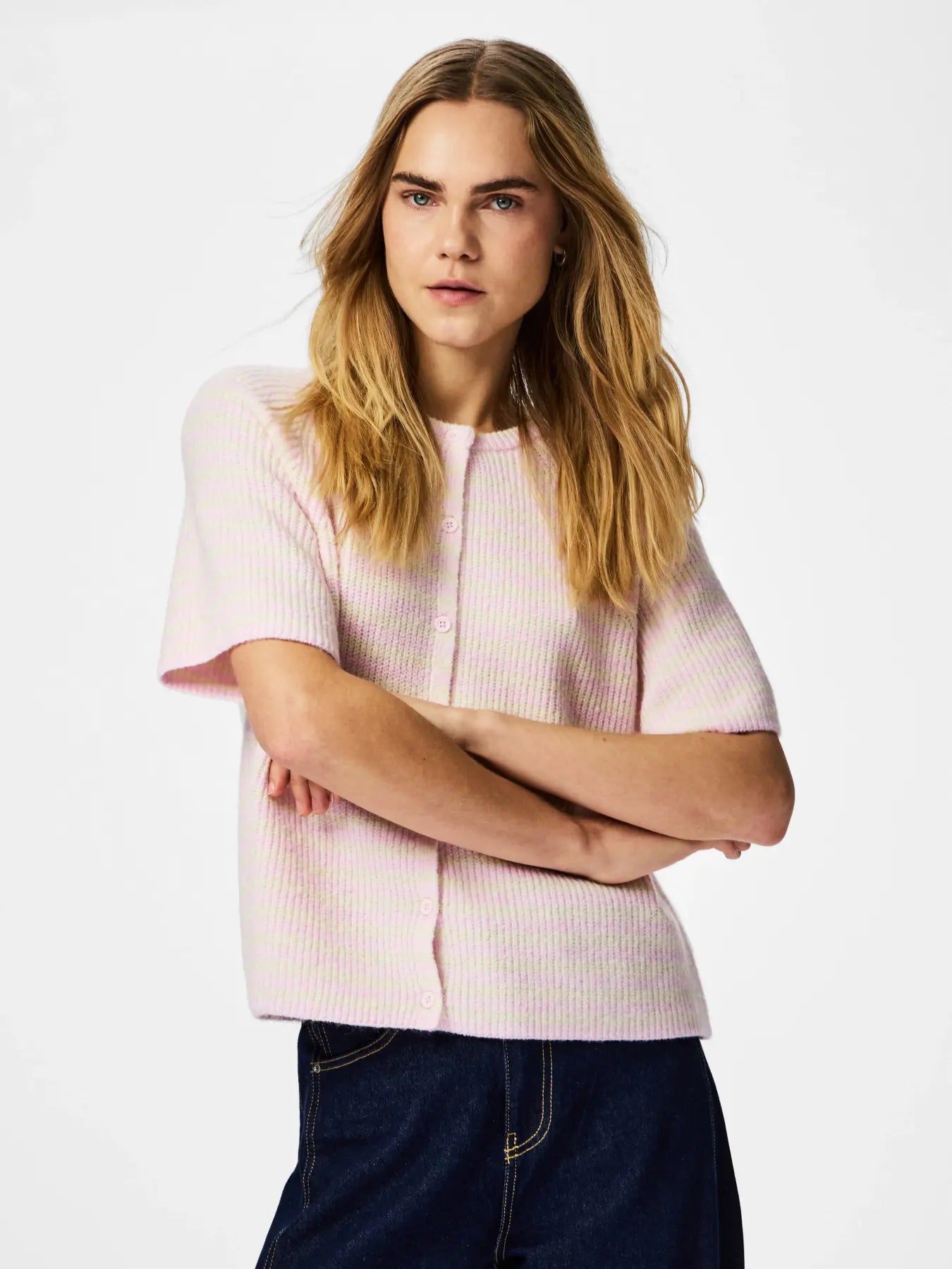 Malou SS O-Neck Stripe Cardigan - Roseate Spoonbill_Birch