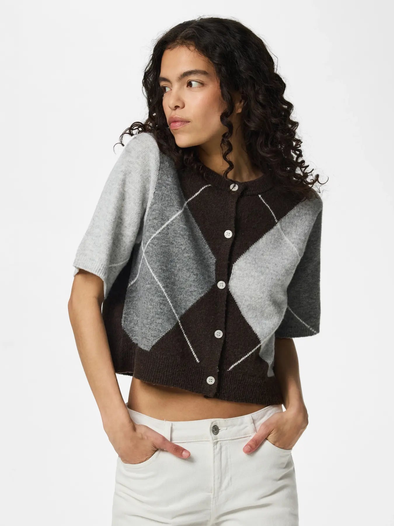 SALLY SS KNIT CHECK CARDIGAN - Hot Fudge/GREY/BIRCH