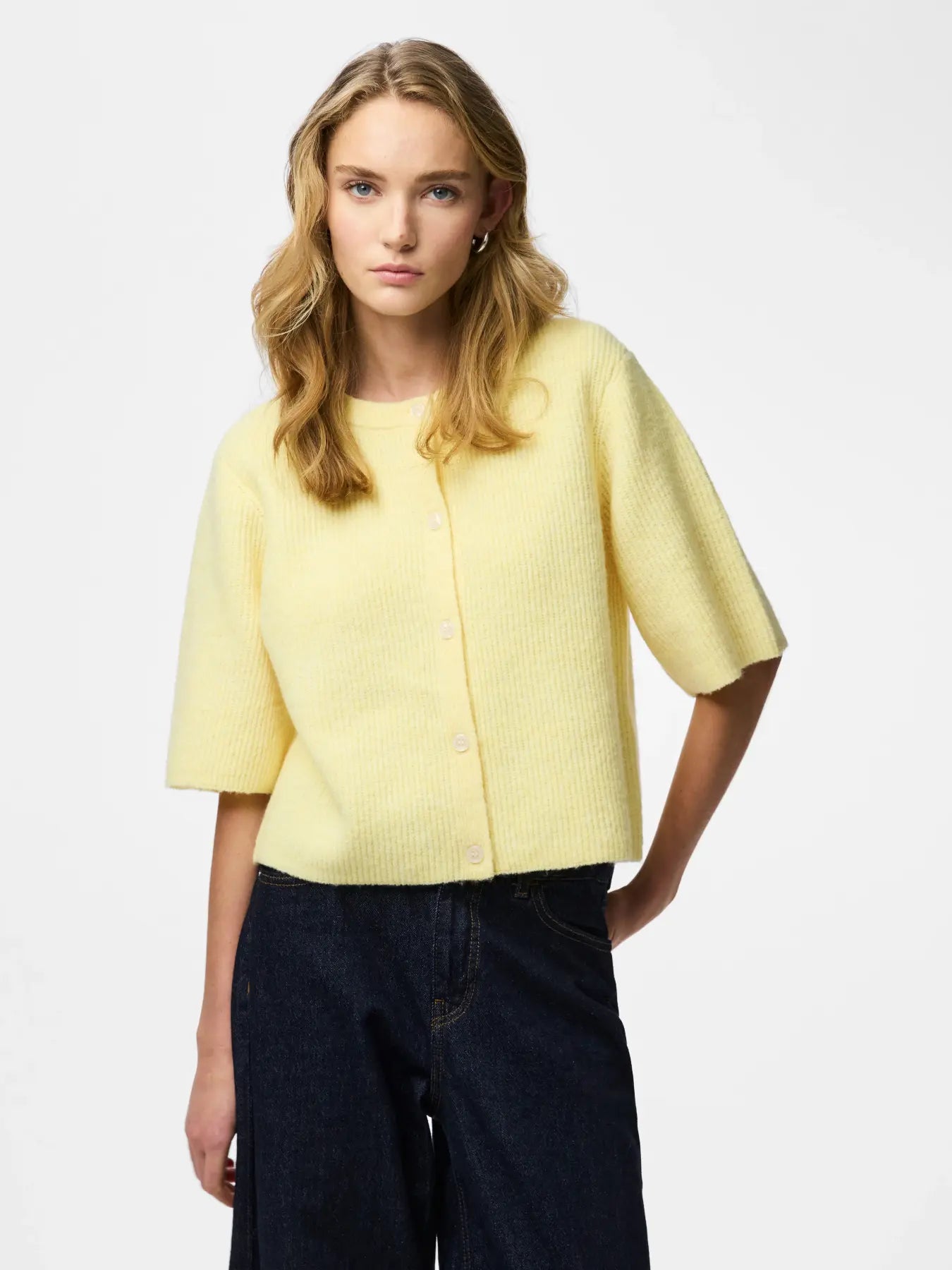 SILLY SS O-NECK KNIT CARDIGAN - Pale Banana MELANGE