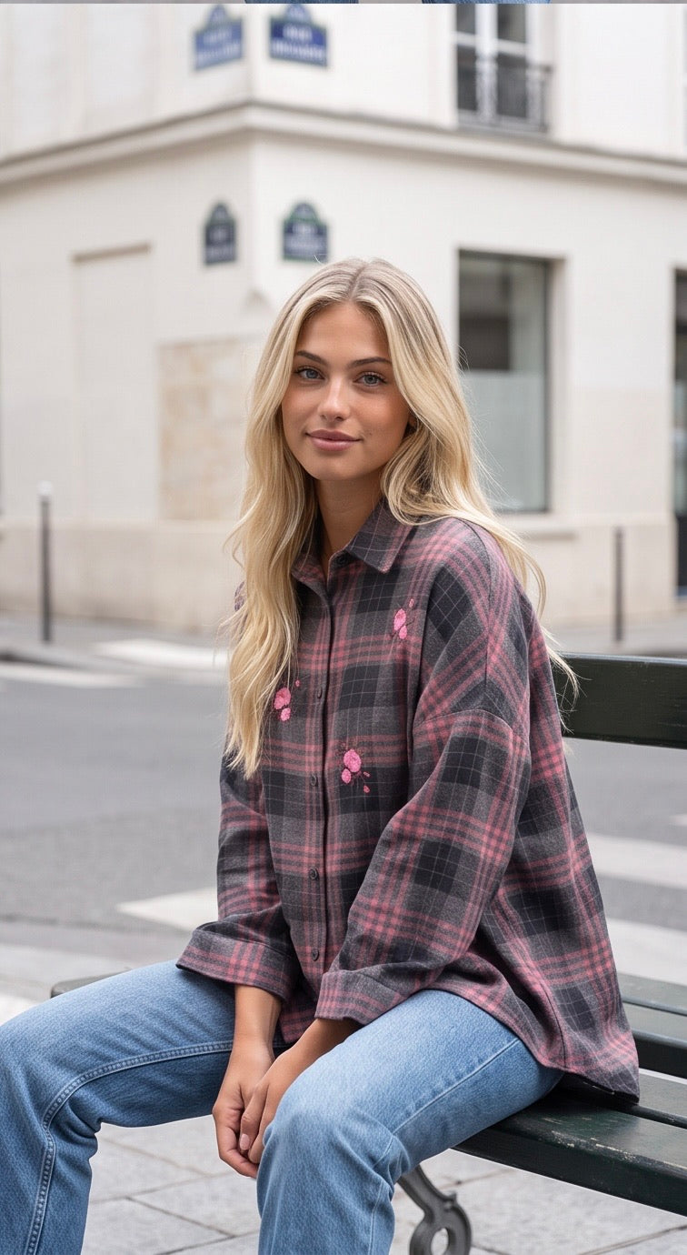 Checkered Shirt w embrodery - Dark Grey