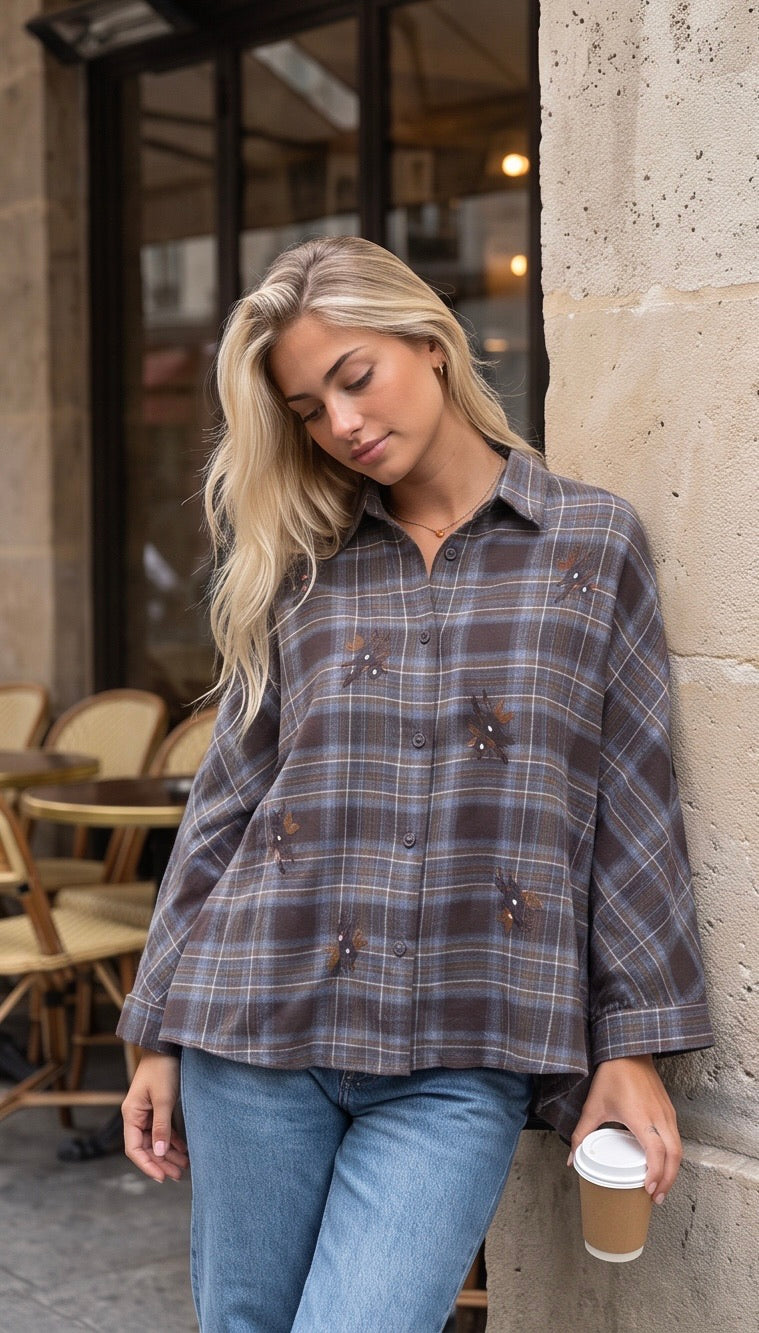 Checkered Shirt w embrodery - Marron