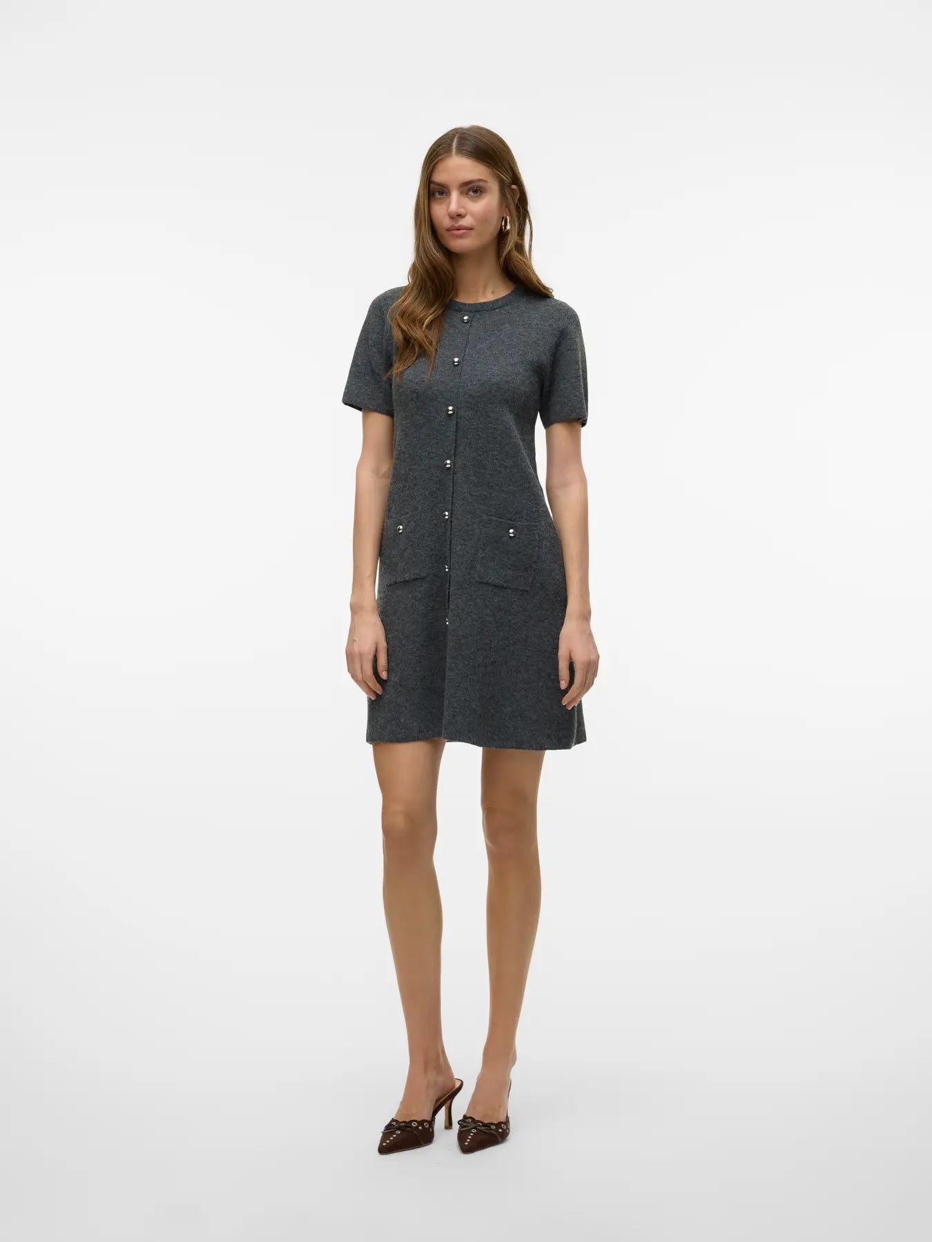 JOHANNA SS O-NECK DRESS - Medium Grey Melange