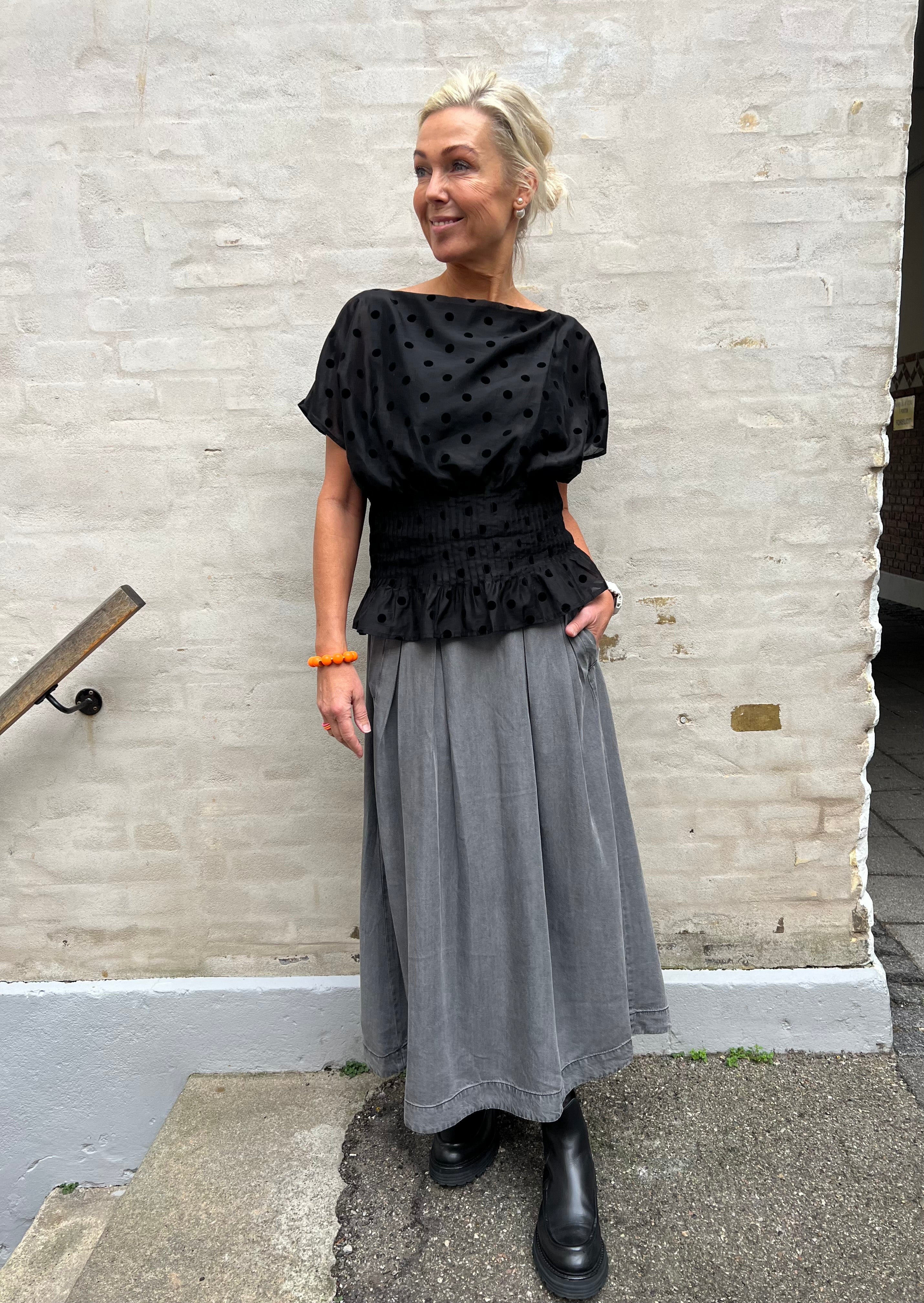 Anya Denim Pleat Skirt - Mid Grey