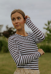 Everyday Stripes LS Blouse - Dark Brown/White