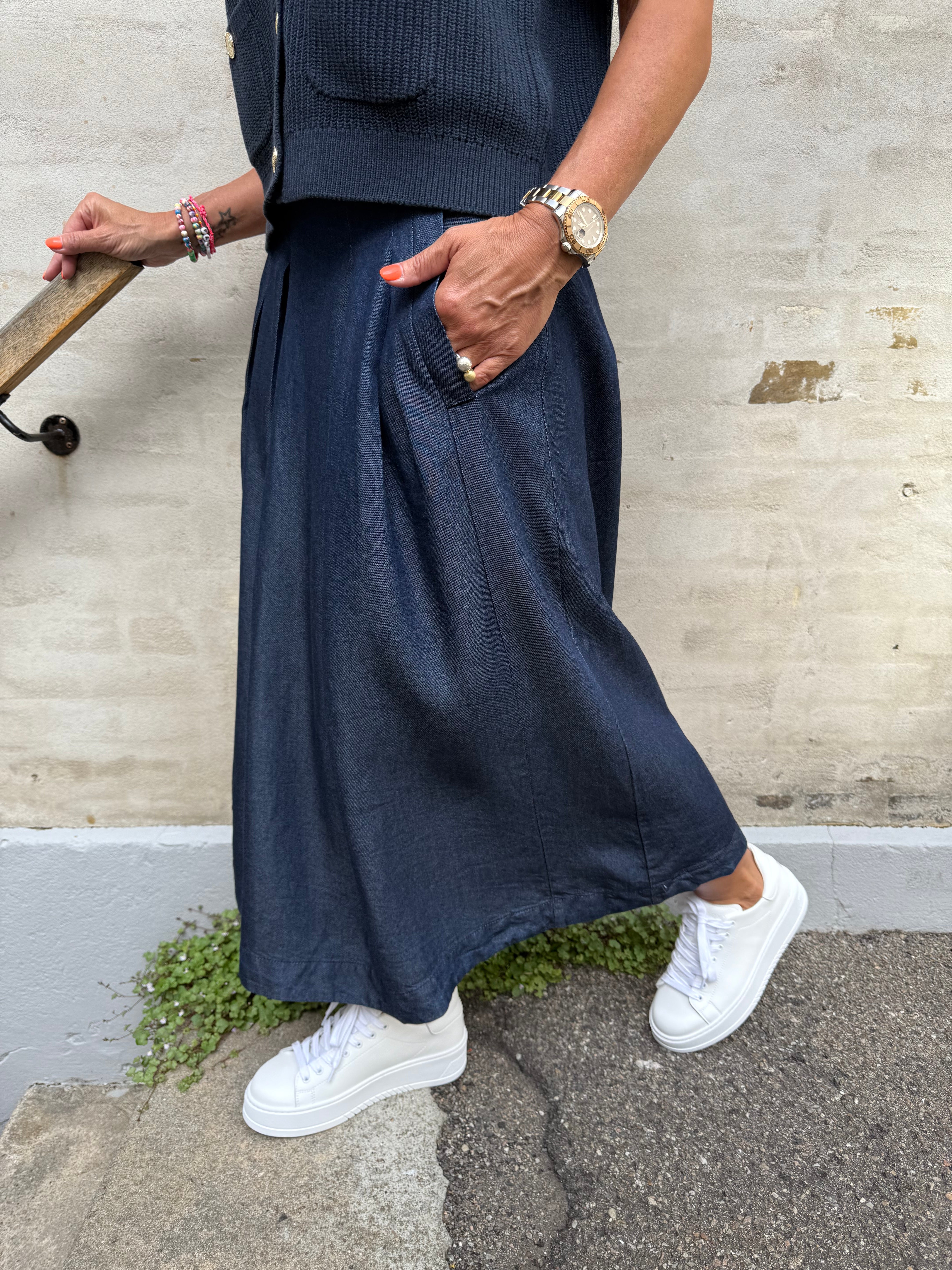 Anya Denim Pleat Skirt - Dark Denim