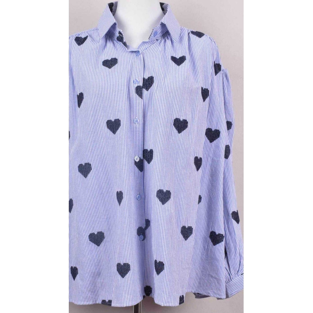 Shirt w. Striped & Embrodery Hearts - Navy Blue