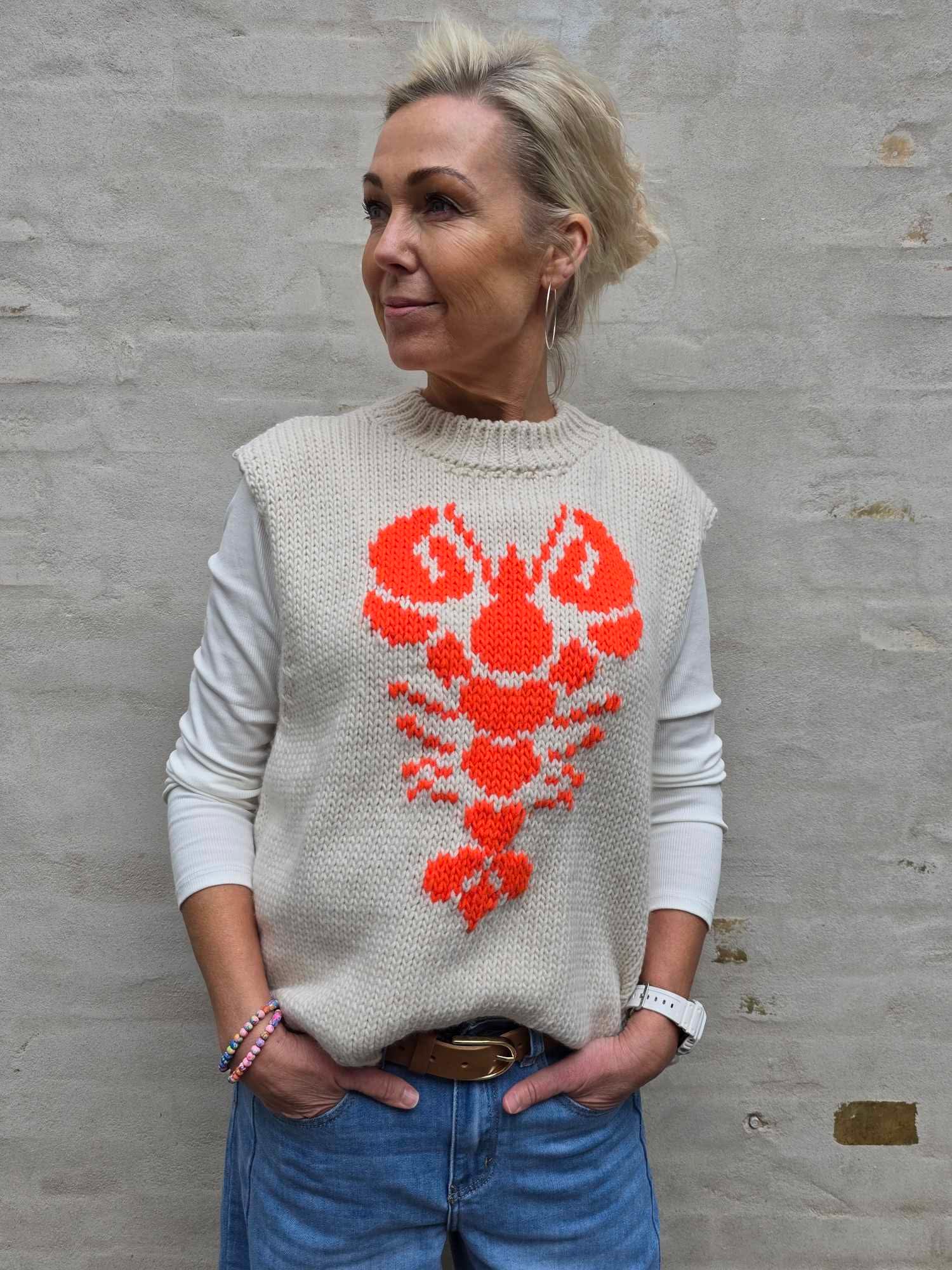 Lobster Knit Vest -  Off White/Orange Fluo