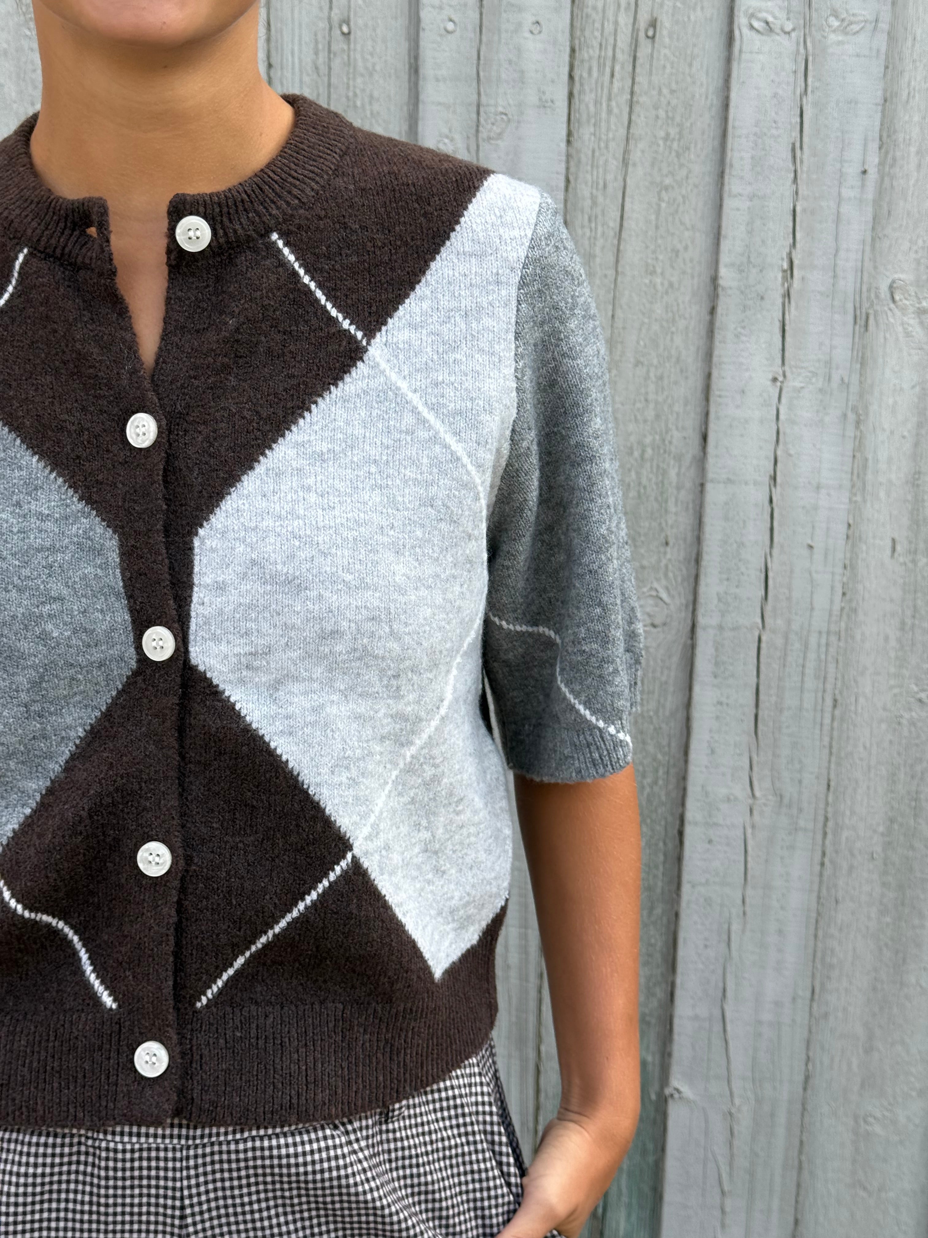 SALLY SS KNIT CHECK CARDIGAN - Hot Fudge/GREY/BIRCH