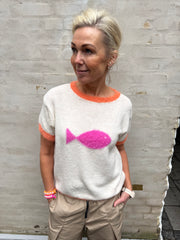 Knittet T-Shirt With Fish - Off White/Orange/Pink