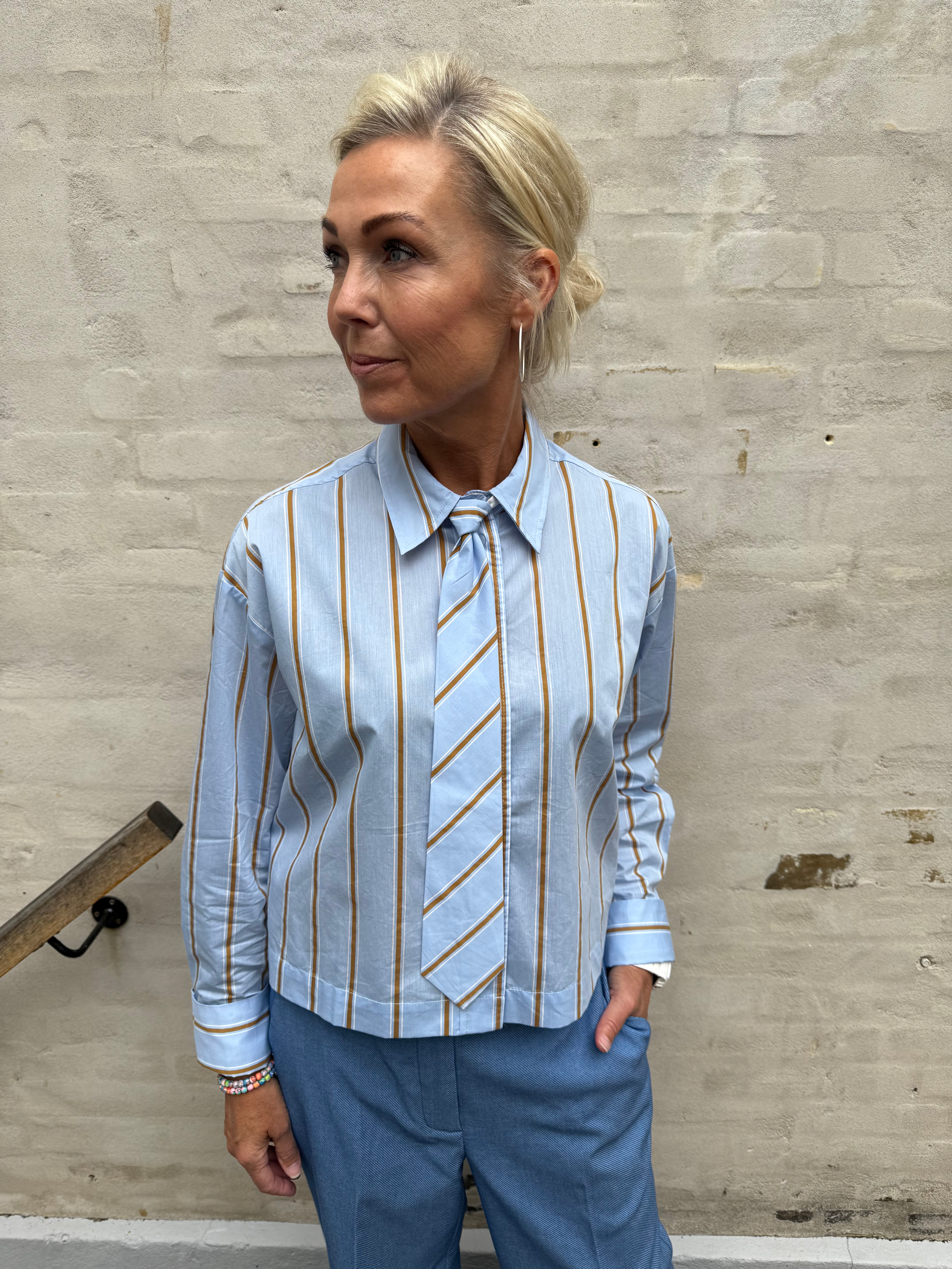 Amora Stripe Tie Shirt - Pale Blue