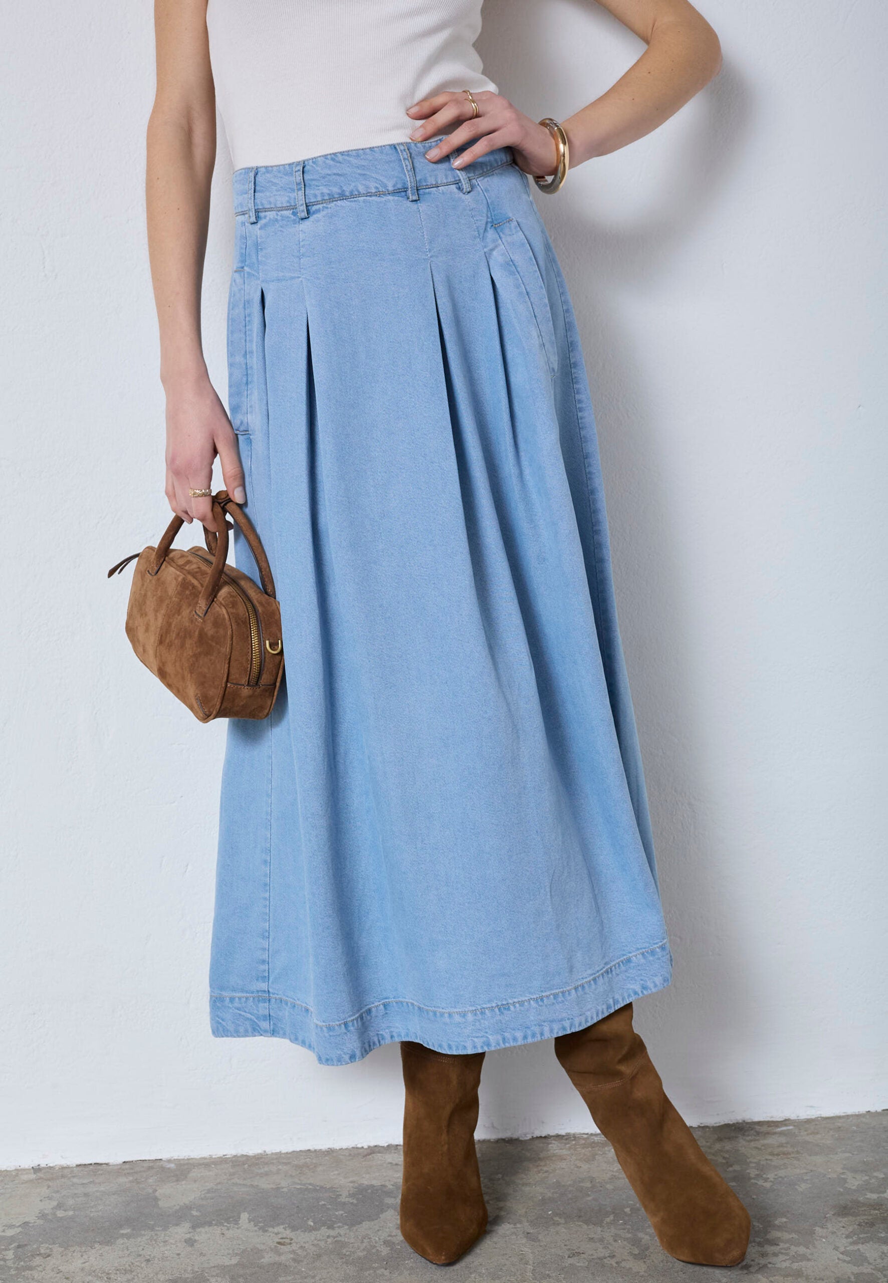 Tilly CC Anya Pleat Skirt - Fade Denim