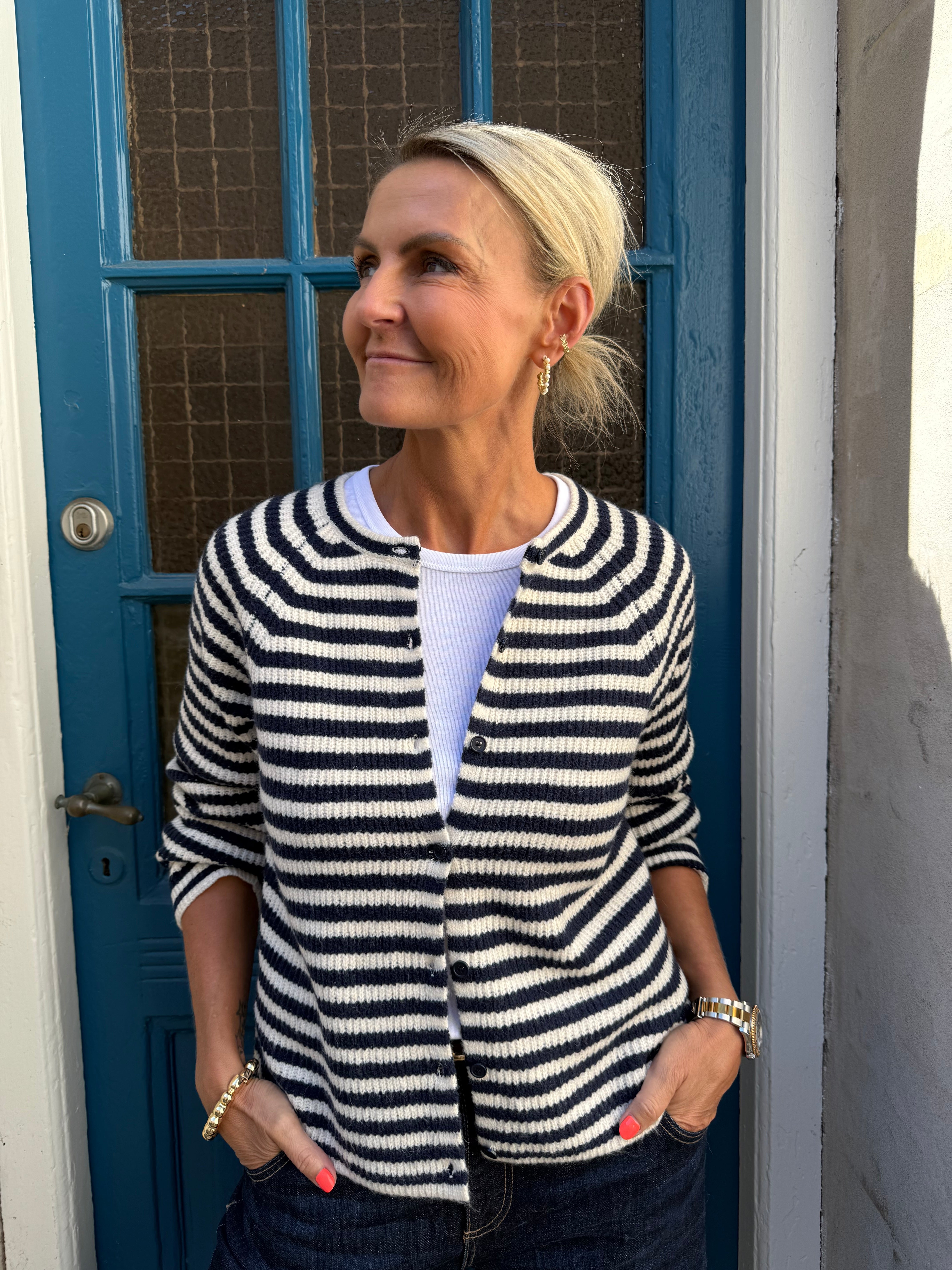 MALOU O-NECK STRIPE CARDIGAN - Maritime Blue BIRCH