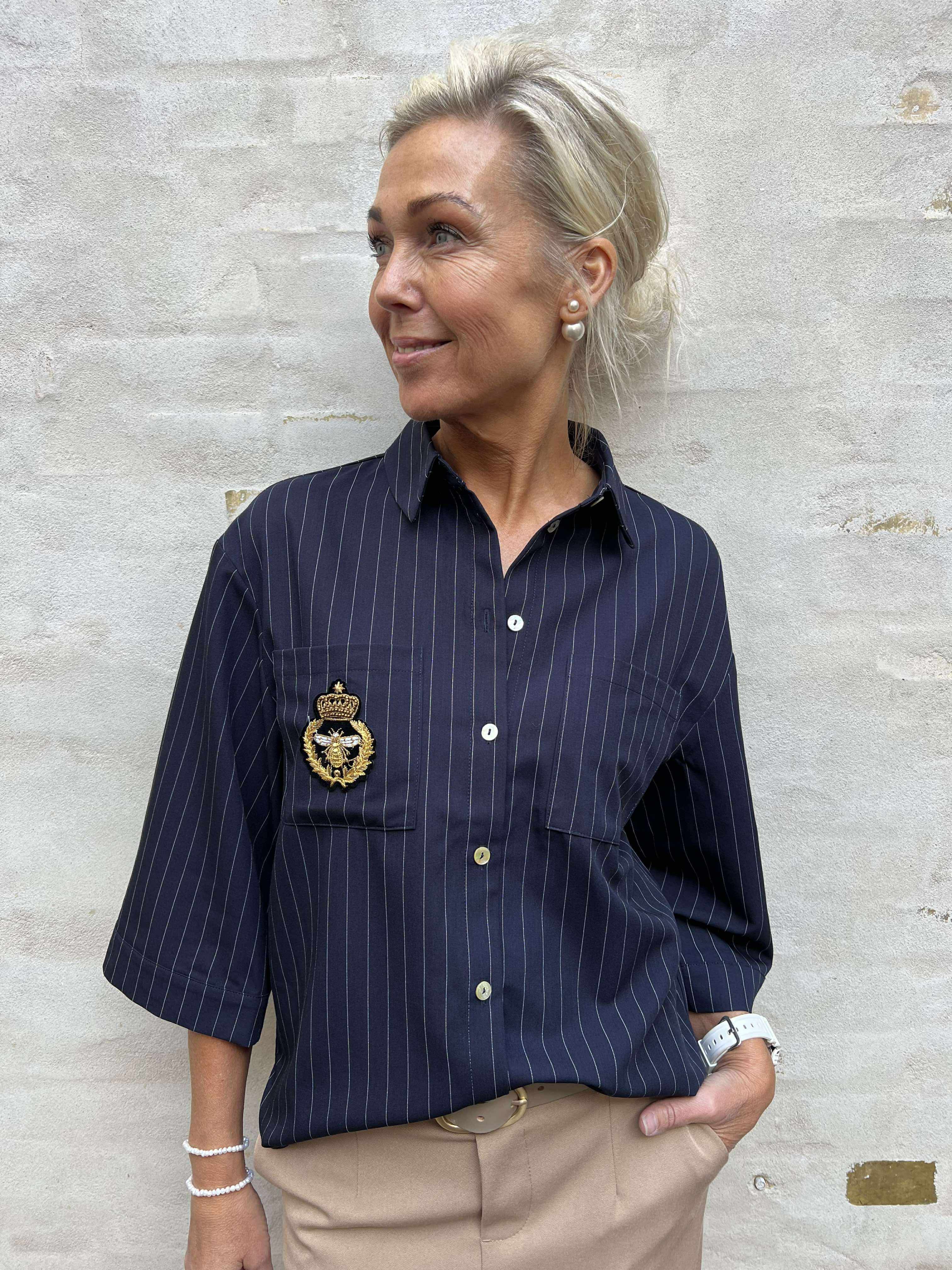 Mili Pinstripe Patch Blouse - Navy Blue Stripe