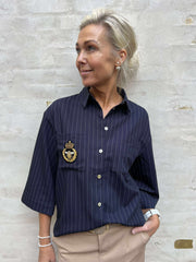 Mili Pinstripe Patch Blouse - Navy Blue Stripe