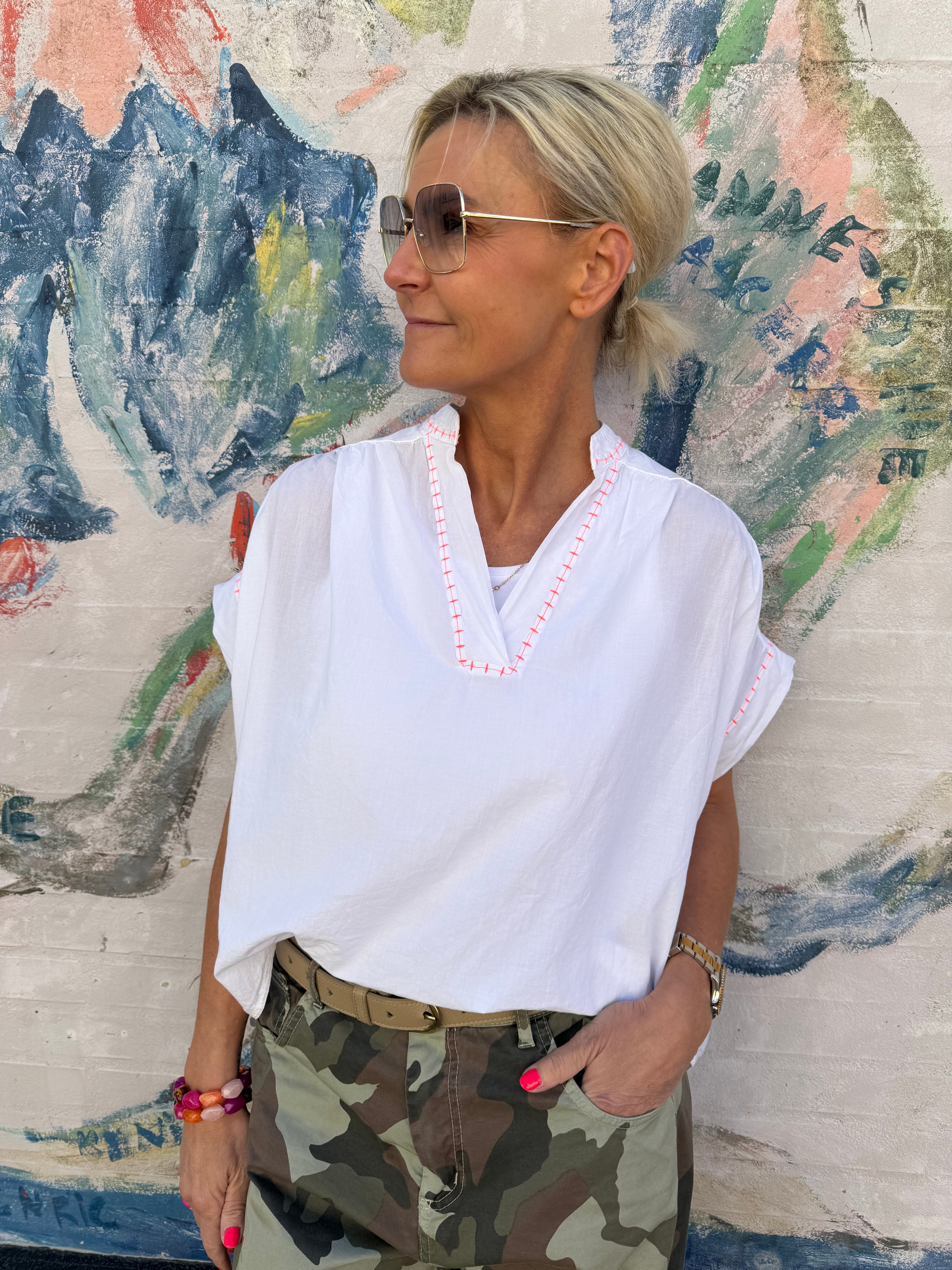 Stitching Blouse - White/Pink Flou
