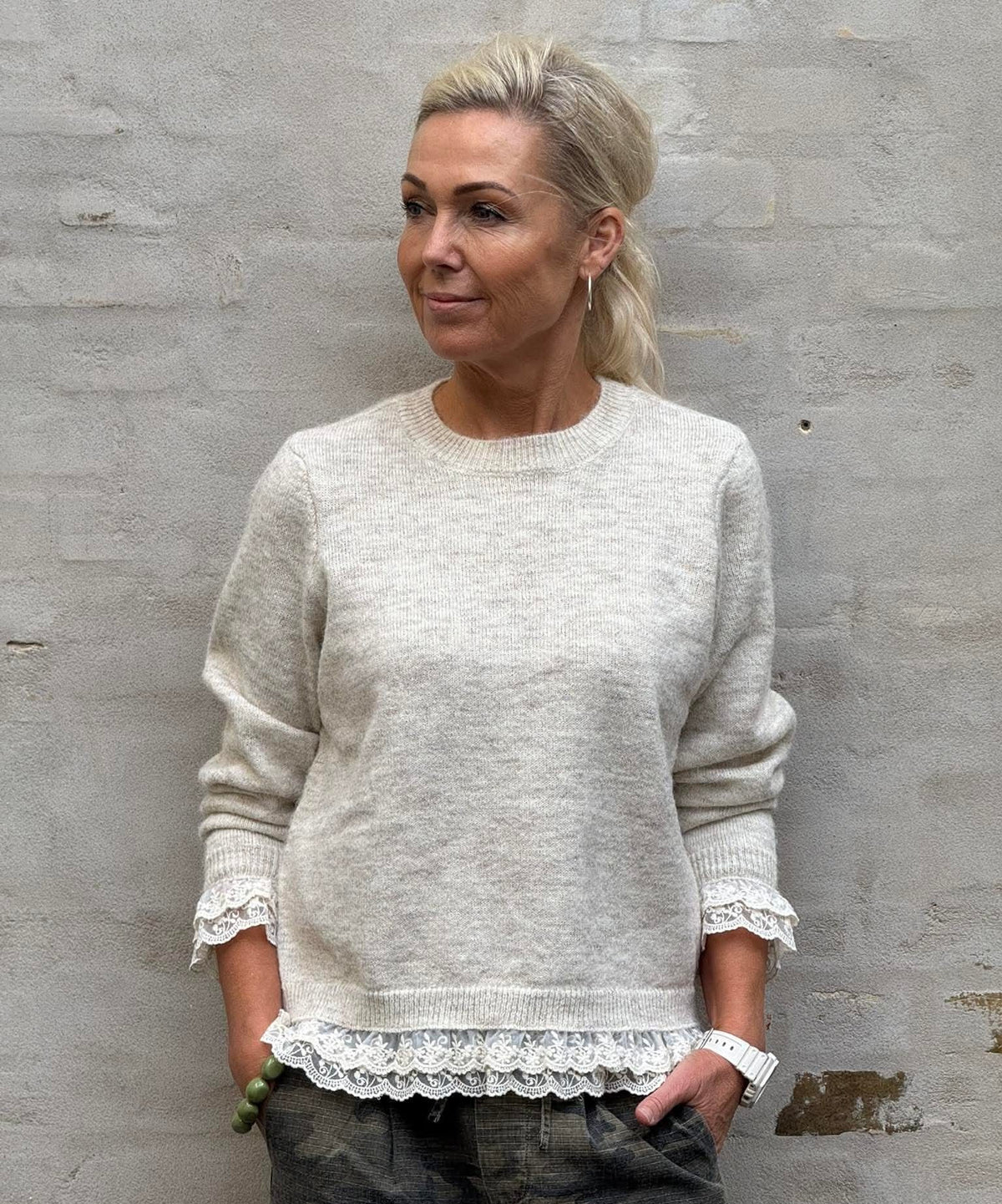 VAKA LS O-NECK LACE KNIT - Whitecap Gray/Melange