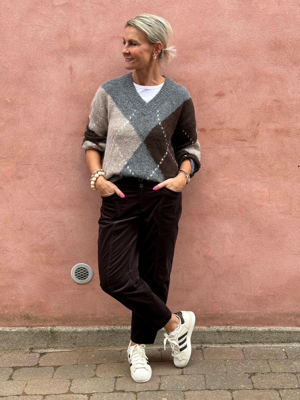 ZOEY L/S VN ARGYLE PULLOVER KNT - Medium Grey Melange/CHATEAU GRAYCHOCOLATE