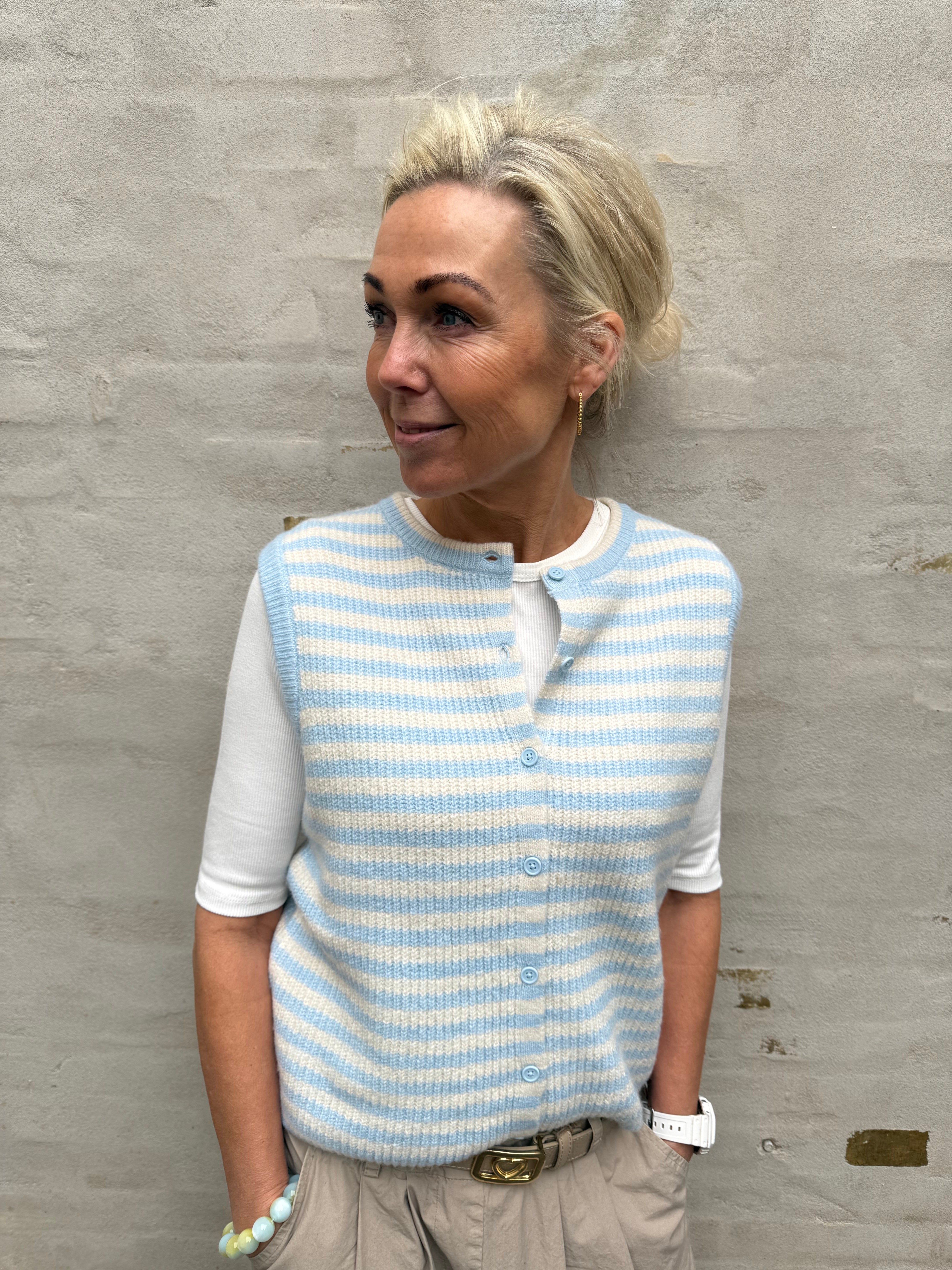 MALOU SL O-NECK STRIPE CARDIGAN - Cashmere Blue Birch