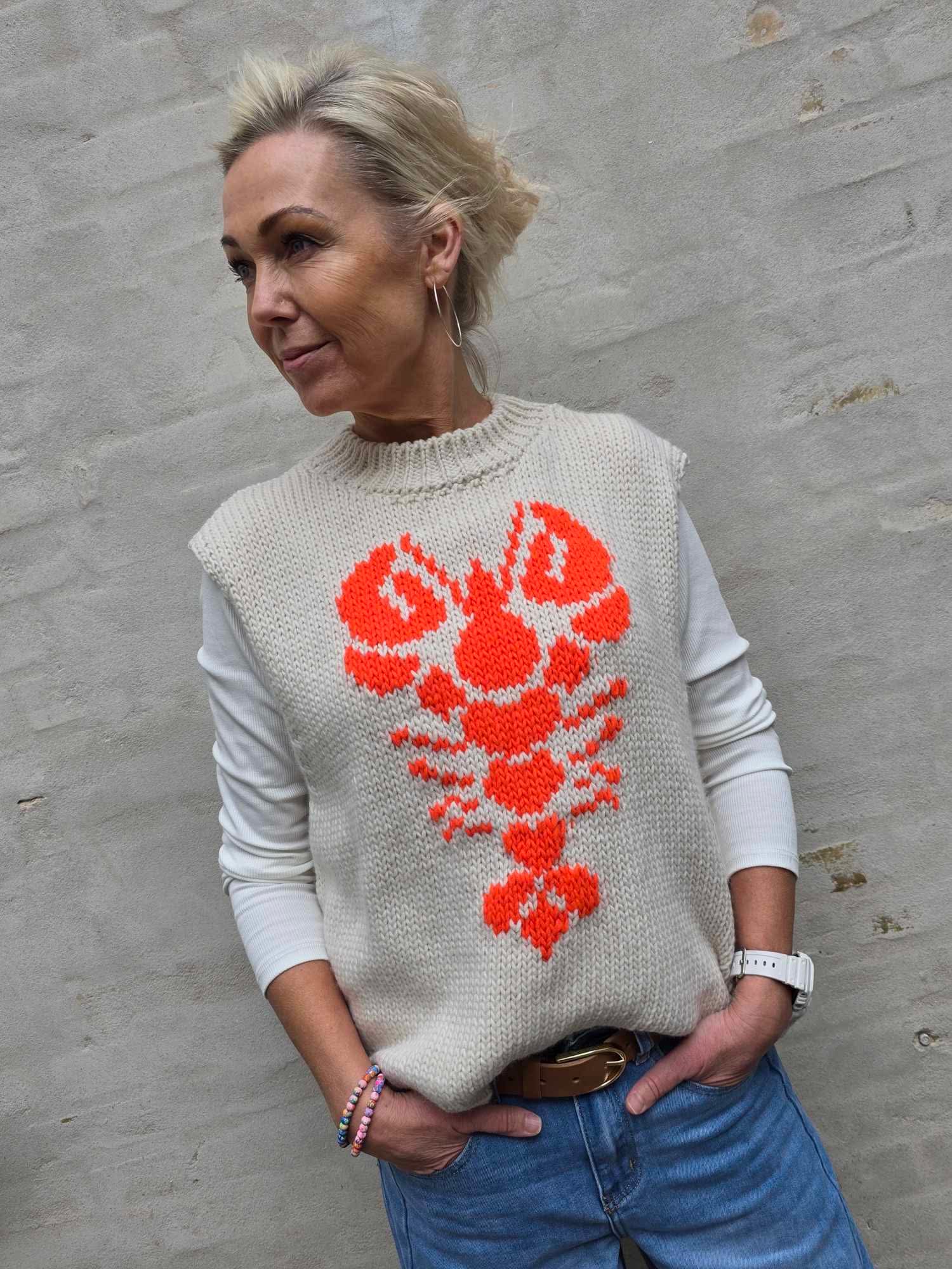 Lobster Knit Vest -  Off White/Orange Fluo