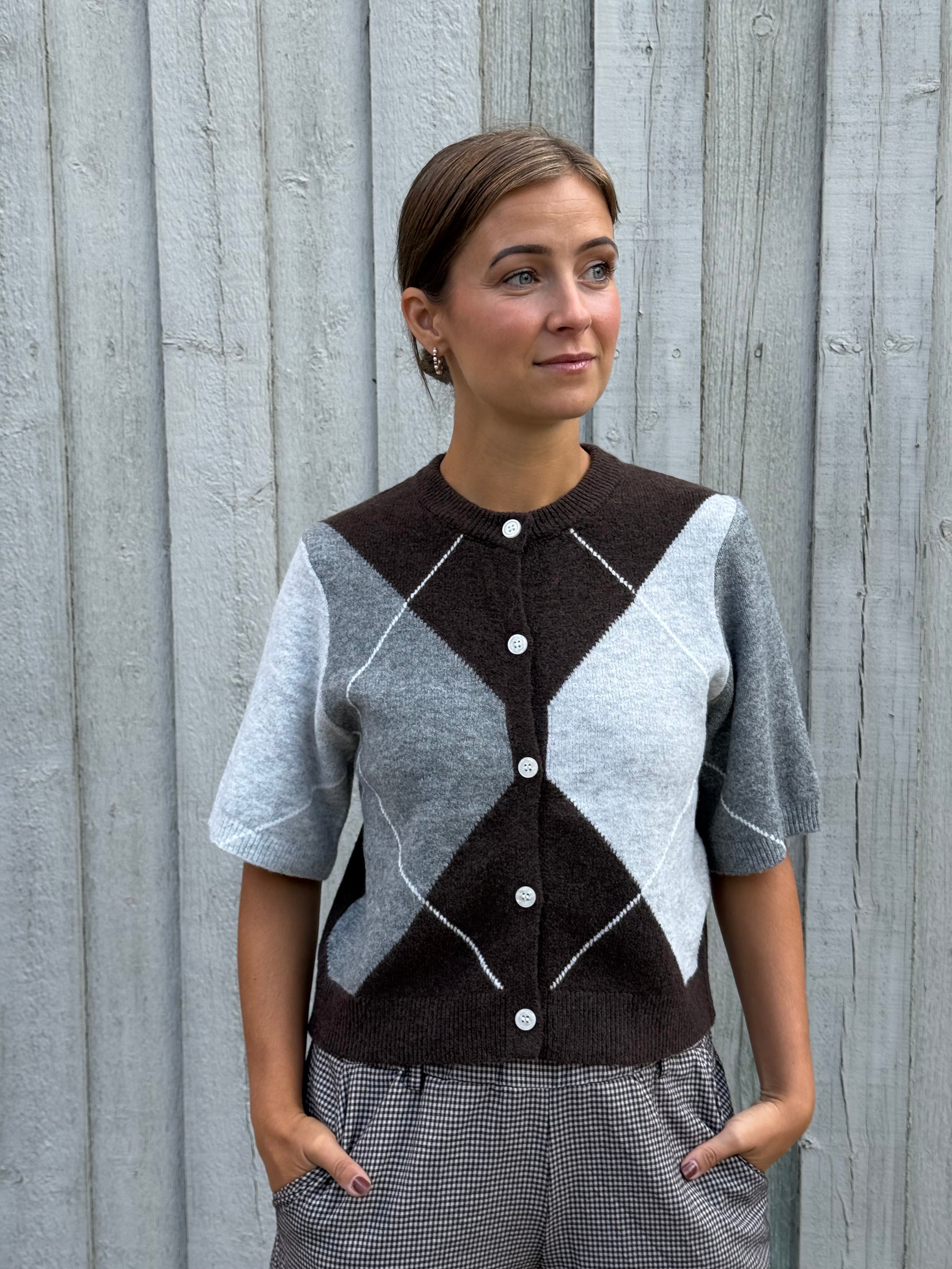 SALLY SS KNIT CHECK CARDIGAN - Hot Fudge/GREY/BIRCH