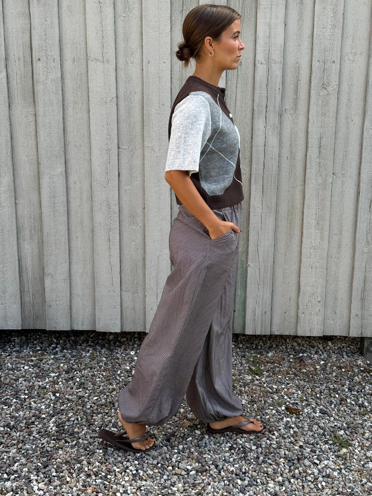 SALLY SS KNIT CHECK CARDIGAN - Hot Fudge/GREY/BIRCH