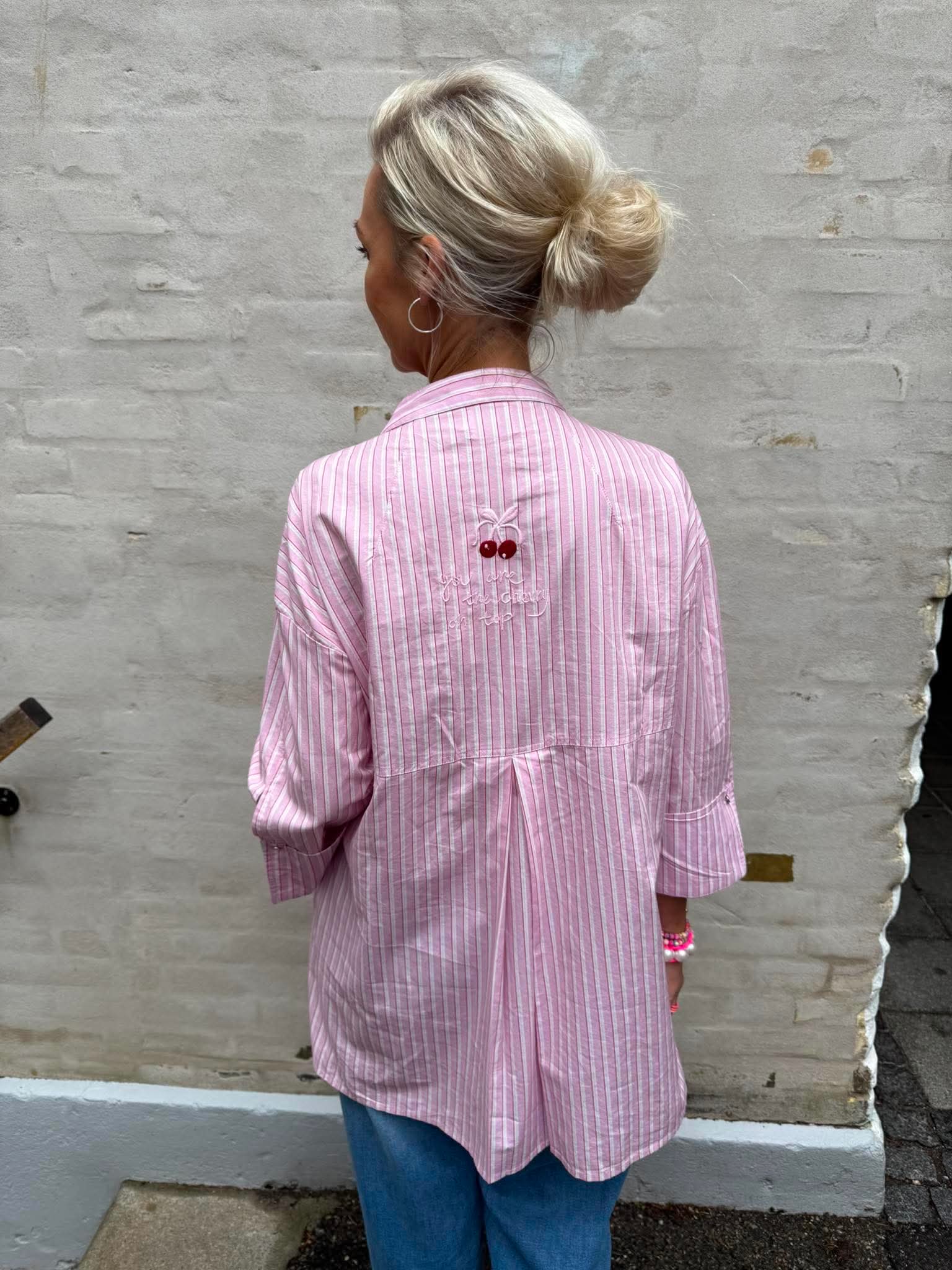 Luna Cherry Shirt - Light Pink Stripe