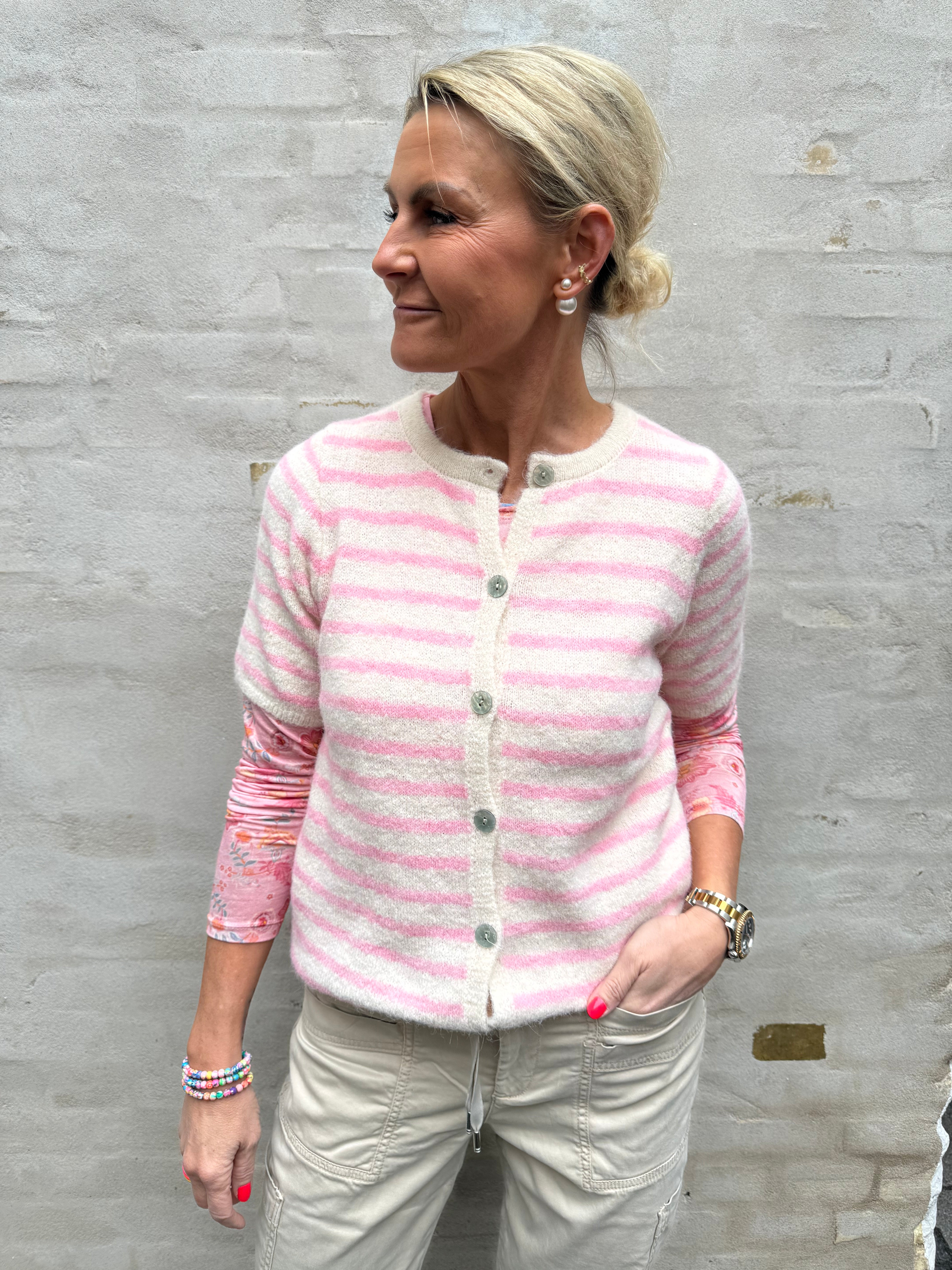 Striped T-shirt Cardigan - Off White/Light Pink