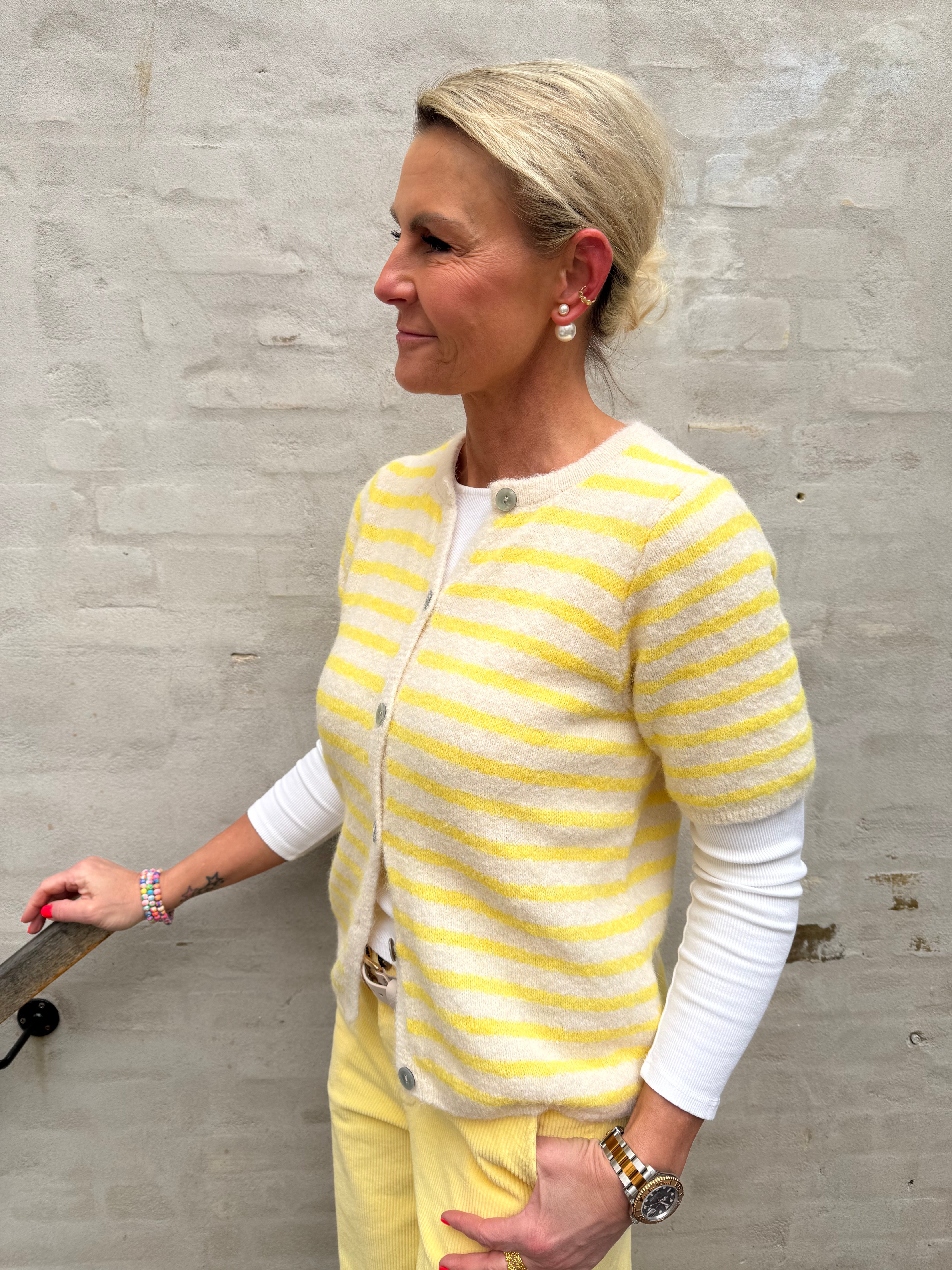 Striped T-shirt Cardigan - Off White/Yellow