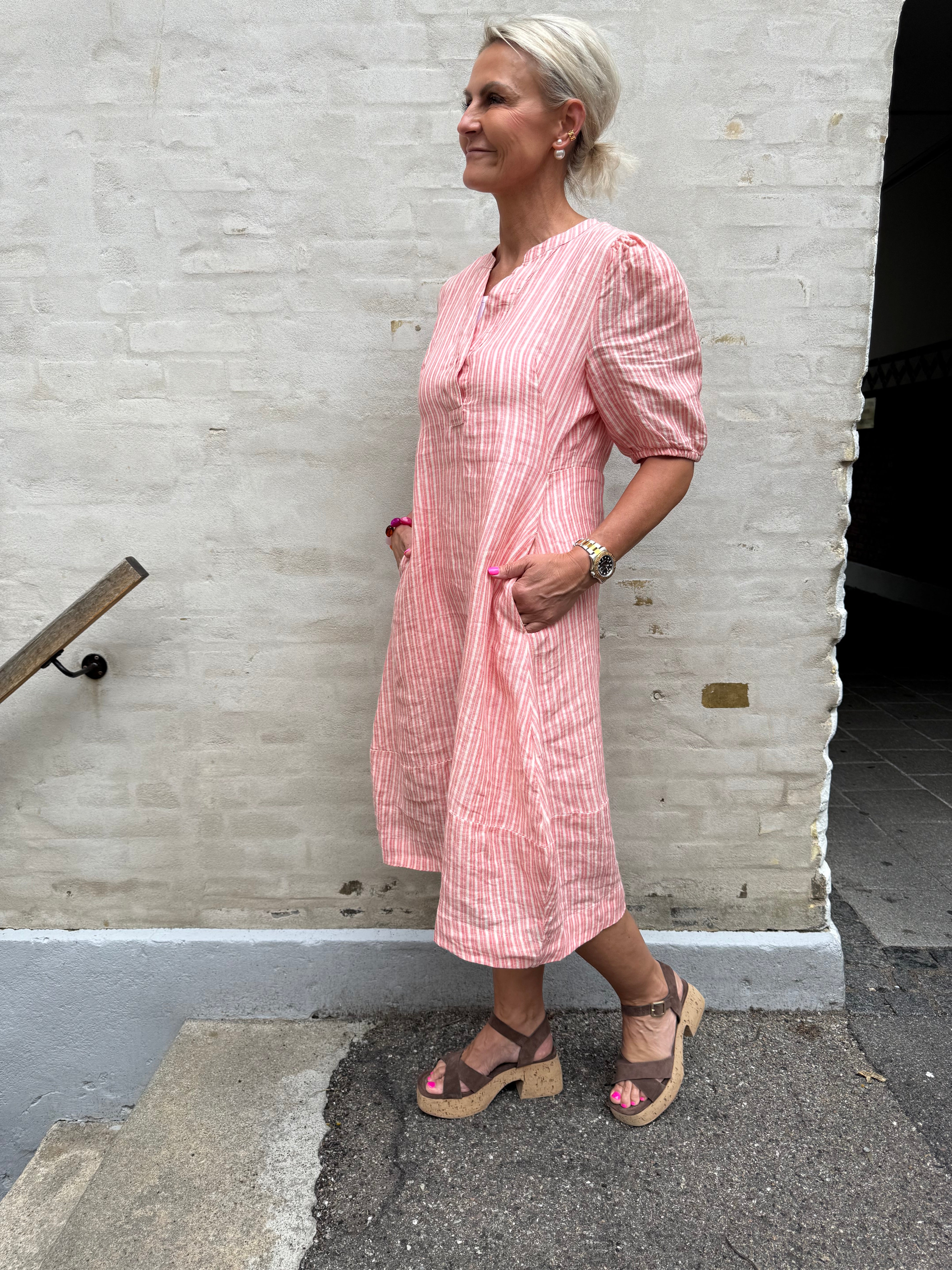 Aniela Molly SS Placket Dress  - Sugar Coral/Whitecap Stripe