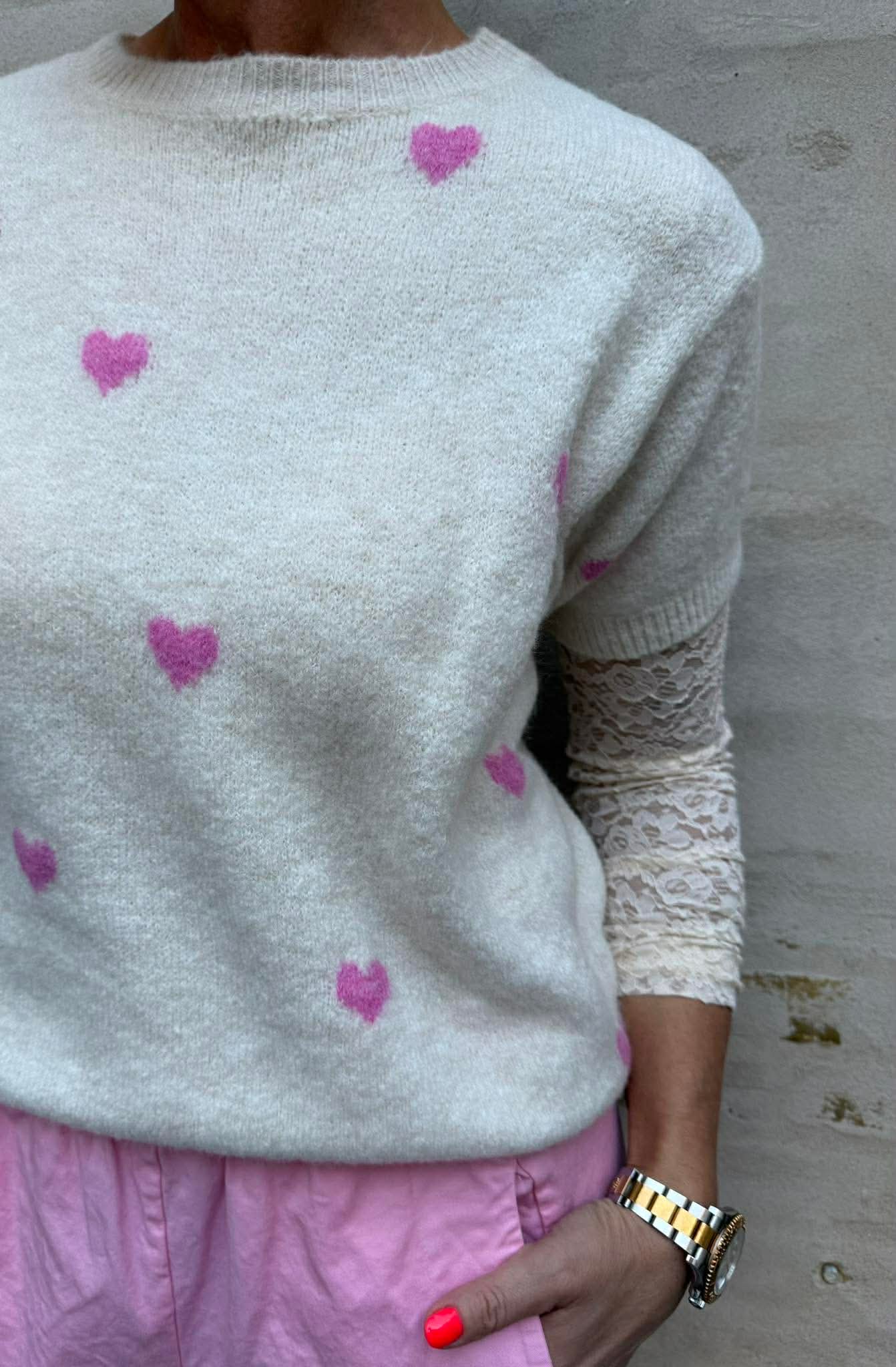 T-shirt Pullover With Hearts - Off White/Pink