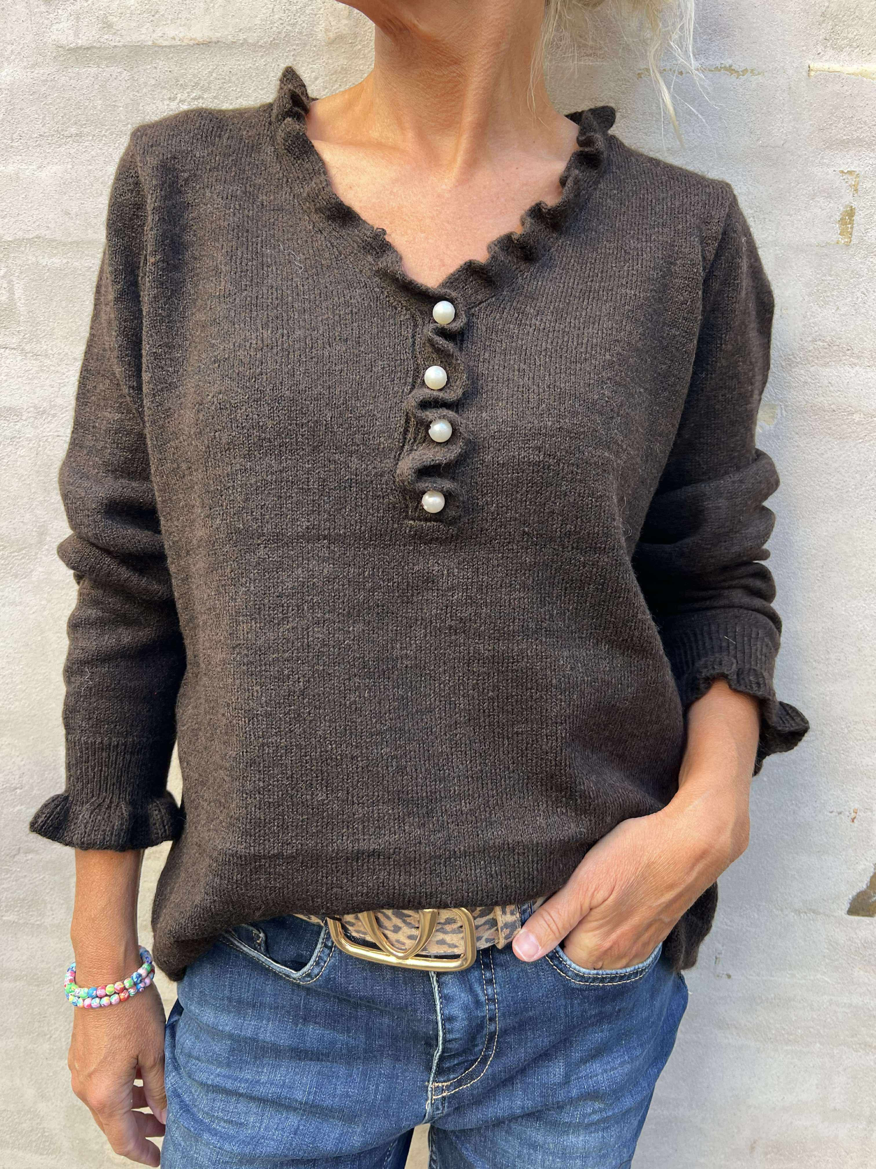 LETTY V-NECK FRILL PULLOVER - Chocolate Torte MELANGE