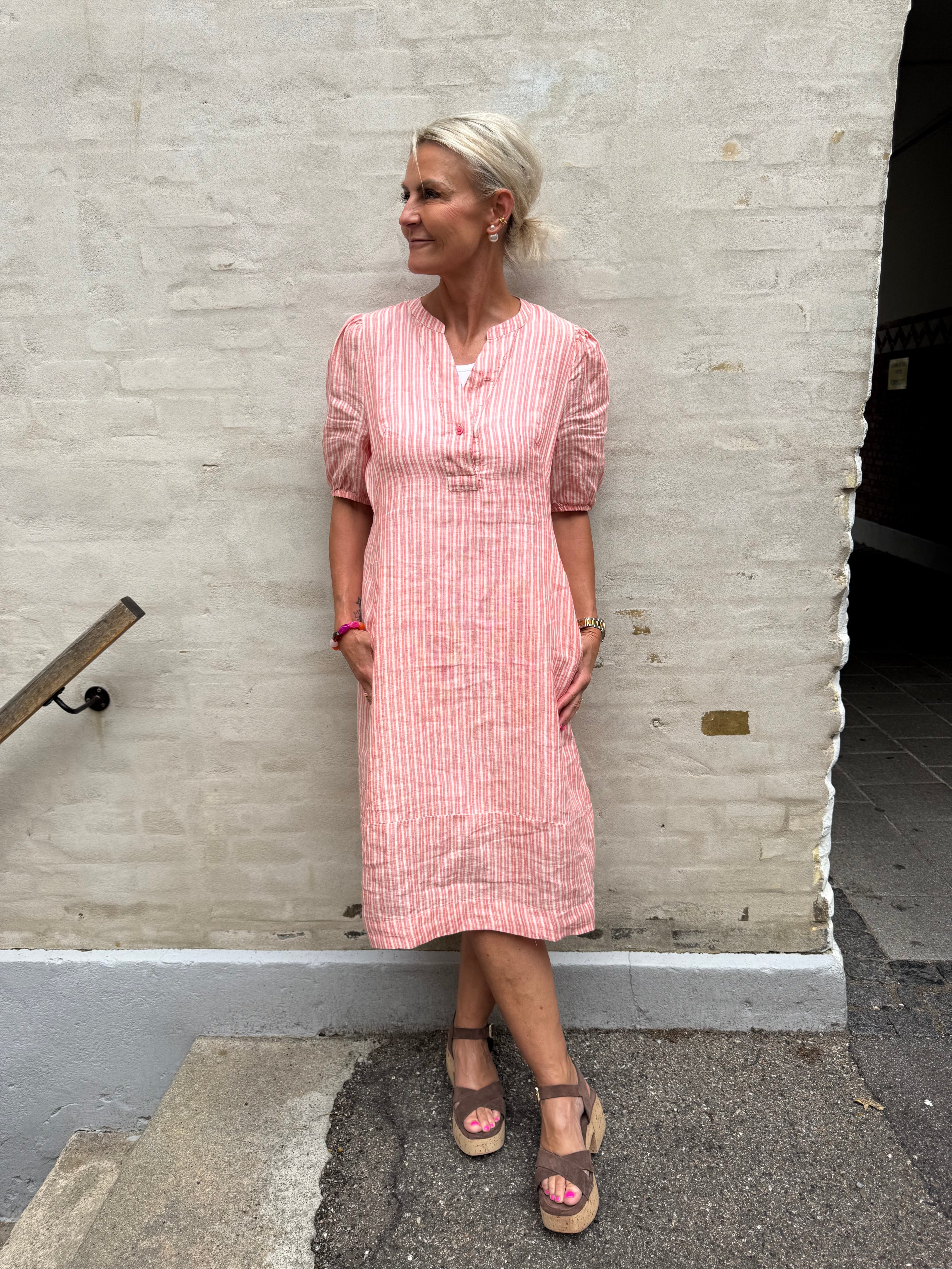 Aniela Molly SS Placket Dress  - Sugar Coral/Whitecap Stripe