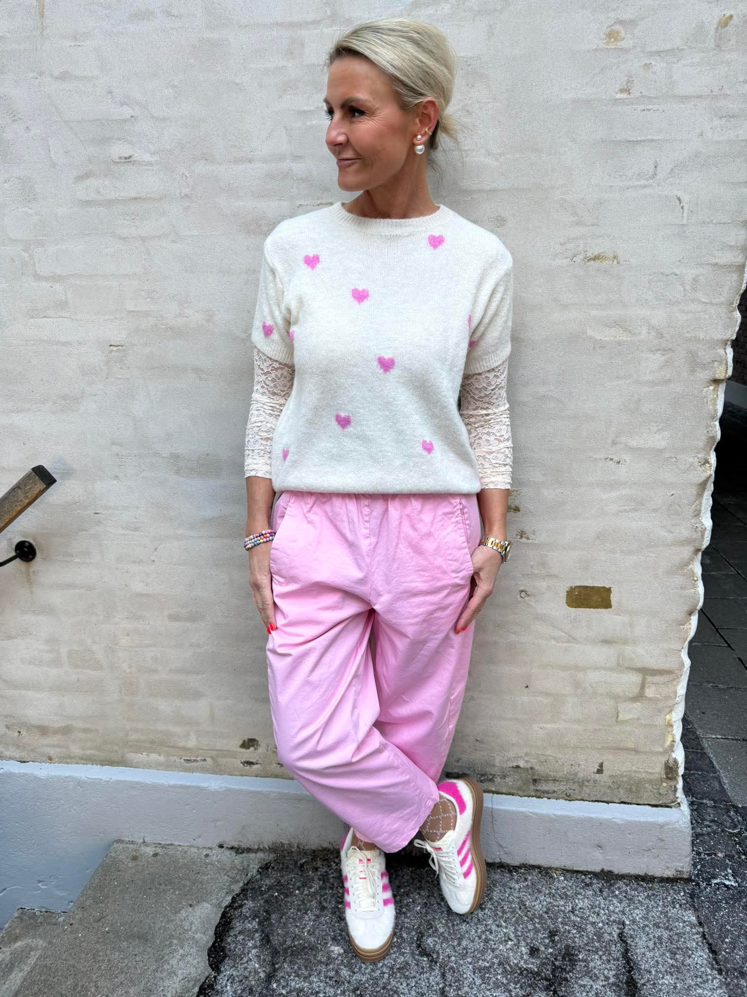 T-shirt Pullover With Hearts - Off White/Pink