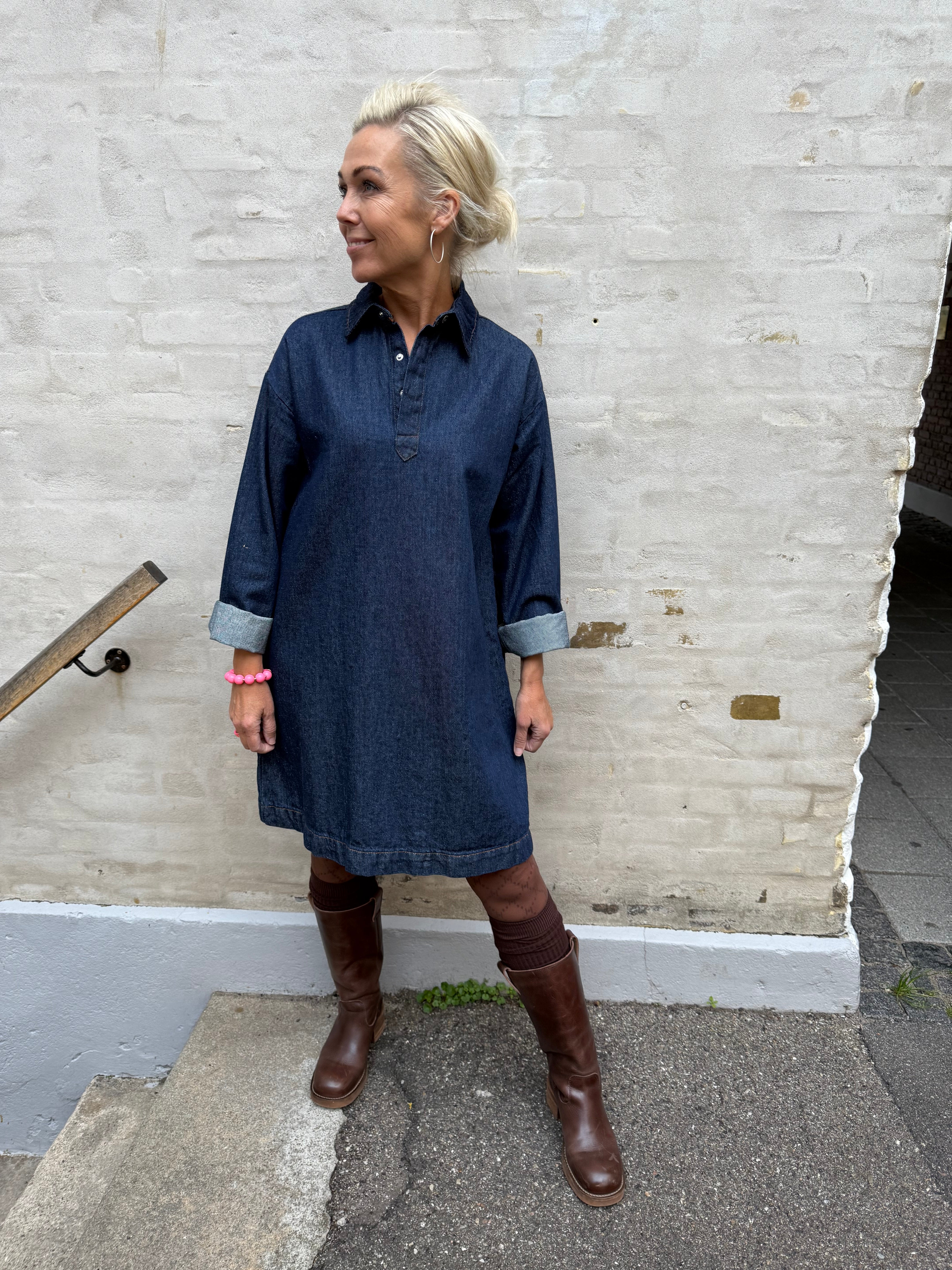 KENYA A-SHAPE DENIM DRESS - Dark Blue Denim/Rinse
