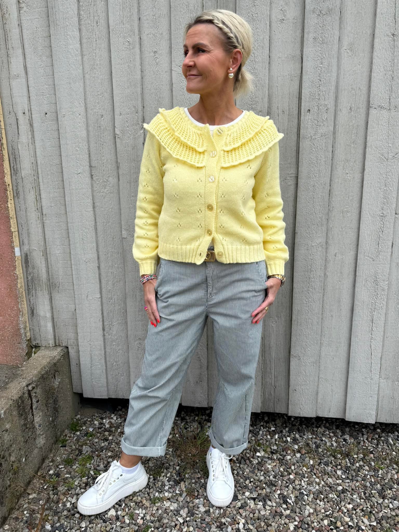 DAVIS LS O-NECK FRILL CARDIGAN - French Vanilla