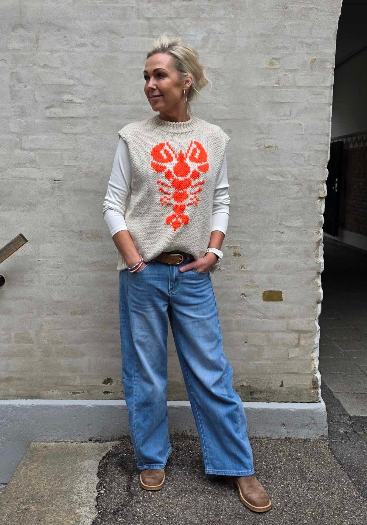 Lobster Knit Vest -  Off White/Orange Fluo