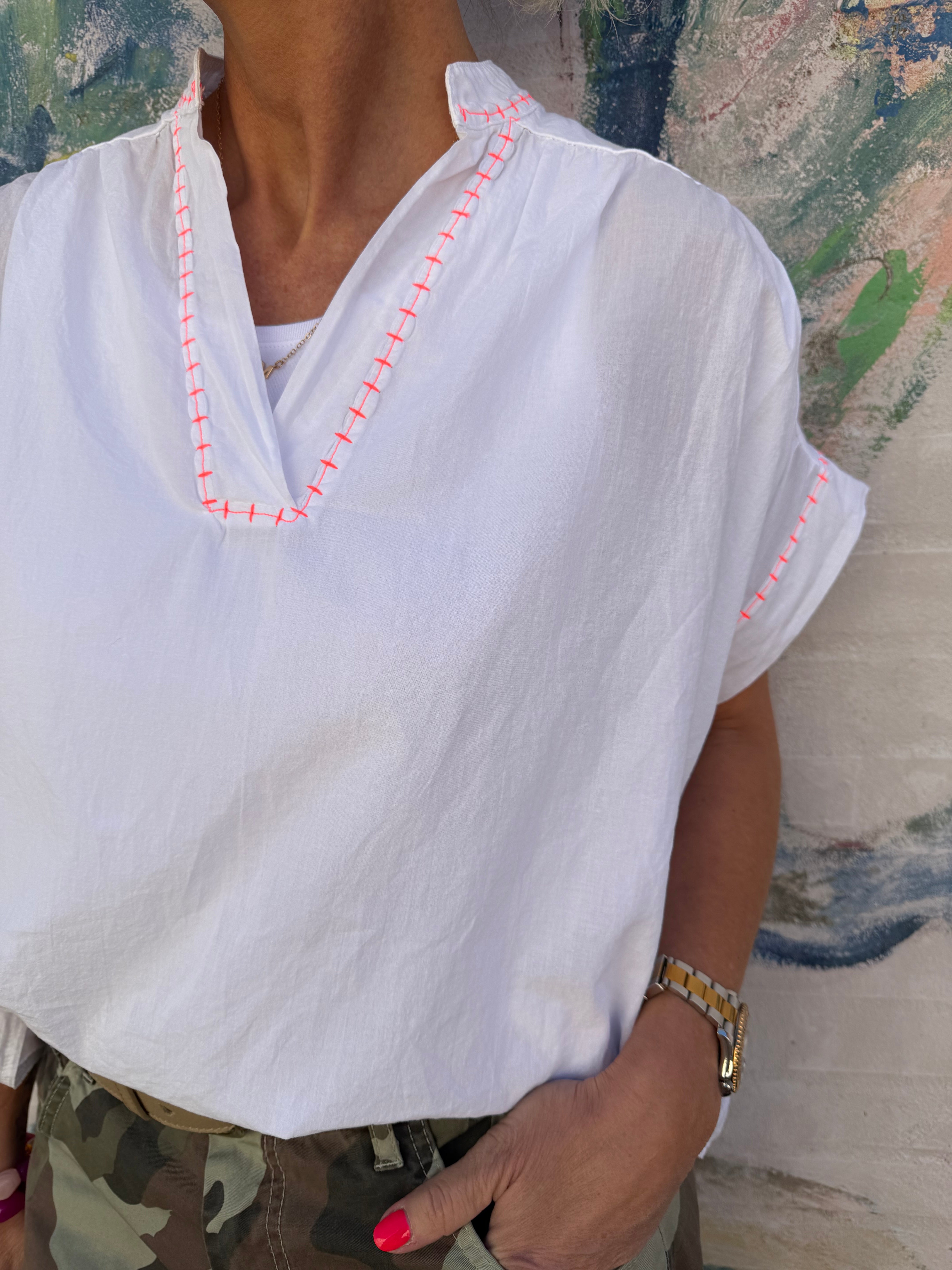 PREORDER-Stitching Blouse - White/Pink Flou