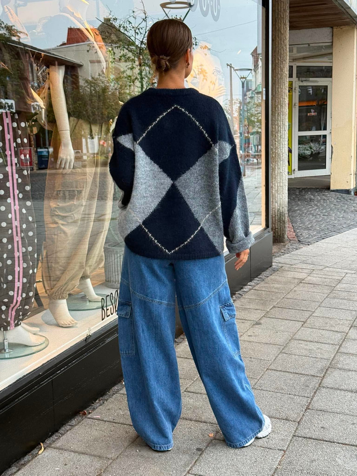Inga Check Fluff Knit Blouse - Navy