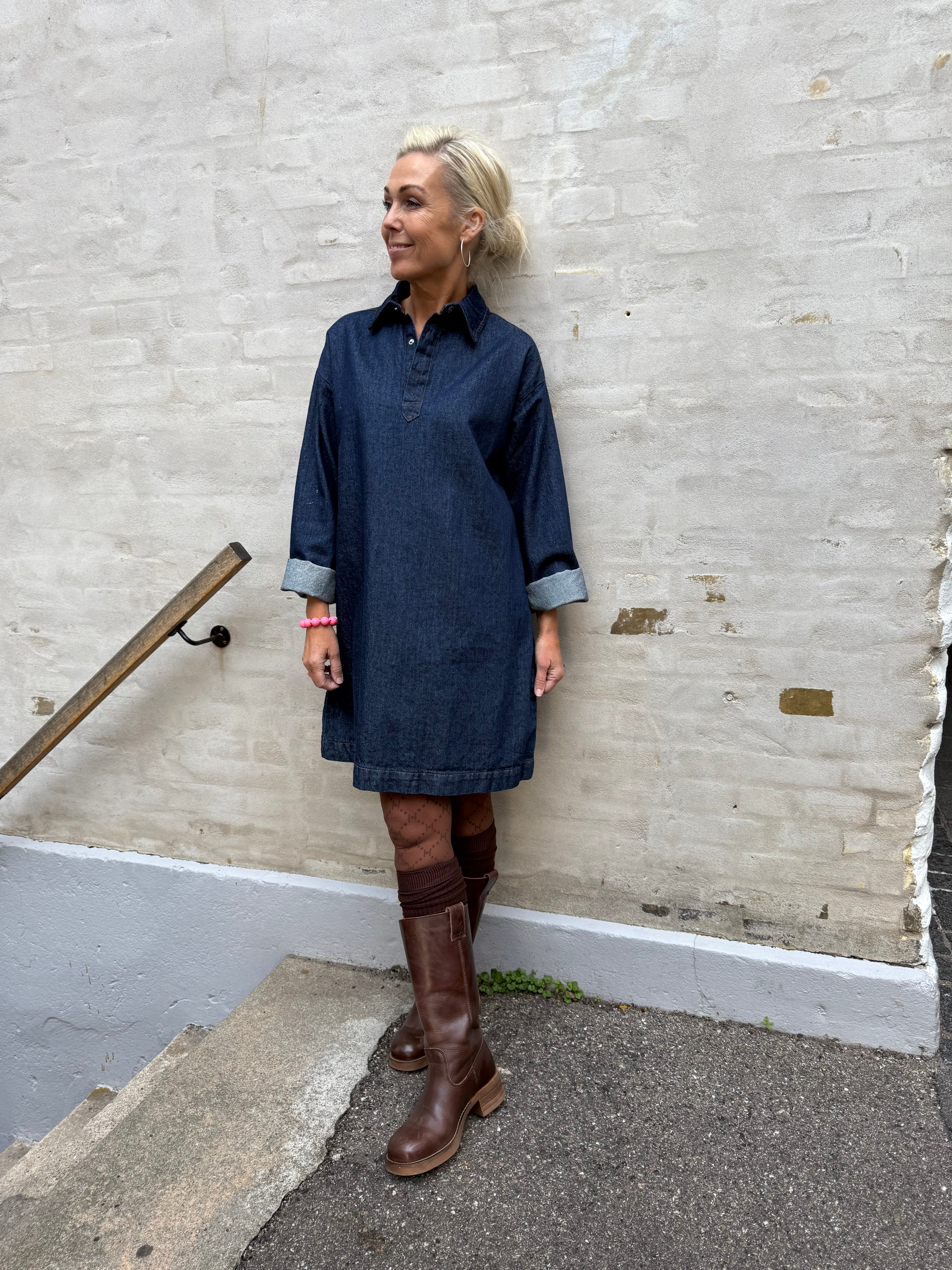KENYA A-SHAPE DENIM DRESS - Dark Blue Denim/Rinse