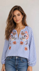 Boheme Shirt W/Embrodery & Stripes - Blue