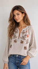Boheme Shirt W/Embrodery & Stripes - Marron
