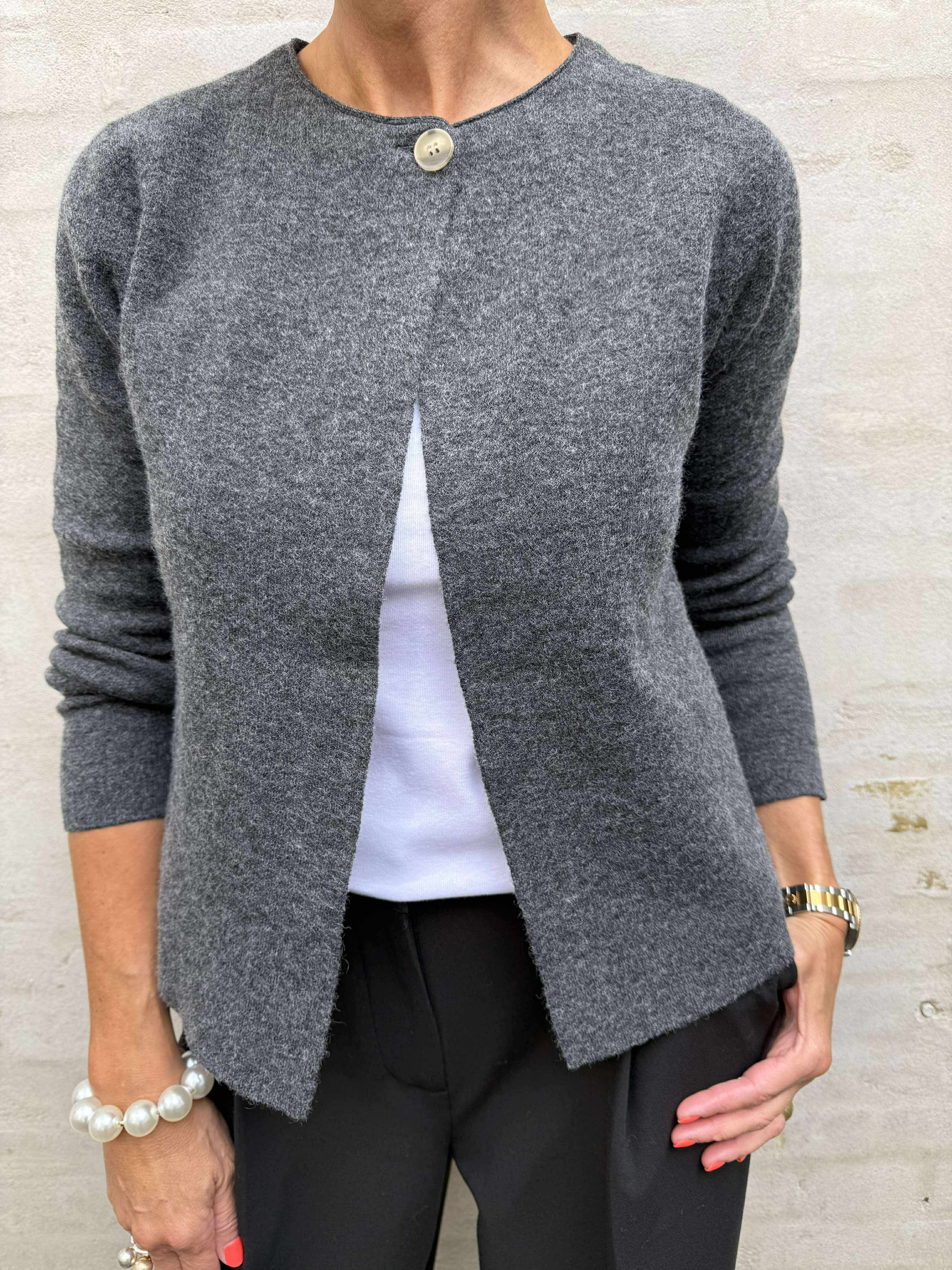 MARINA LS O-NECK CARDIGAN - Dark Grey Melange