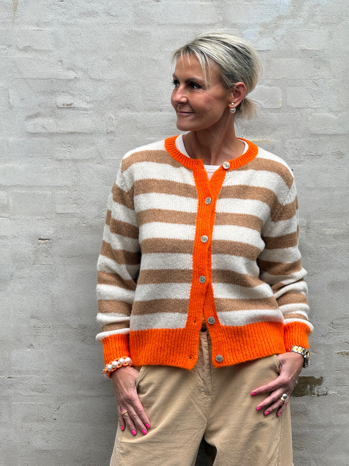 Pipi Striped Cardigan - Off White/Camel/Orange