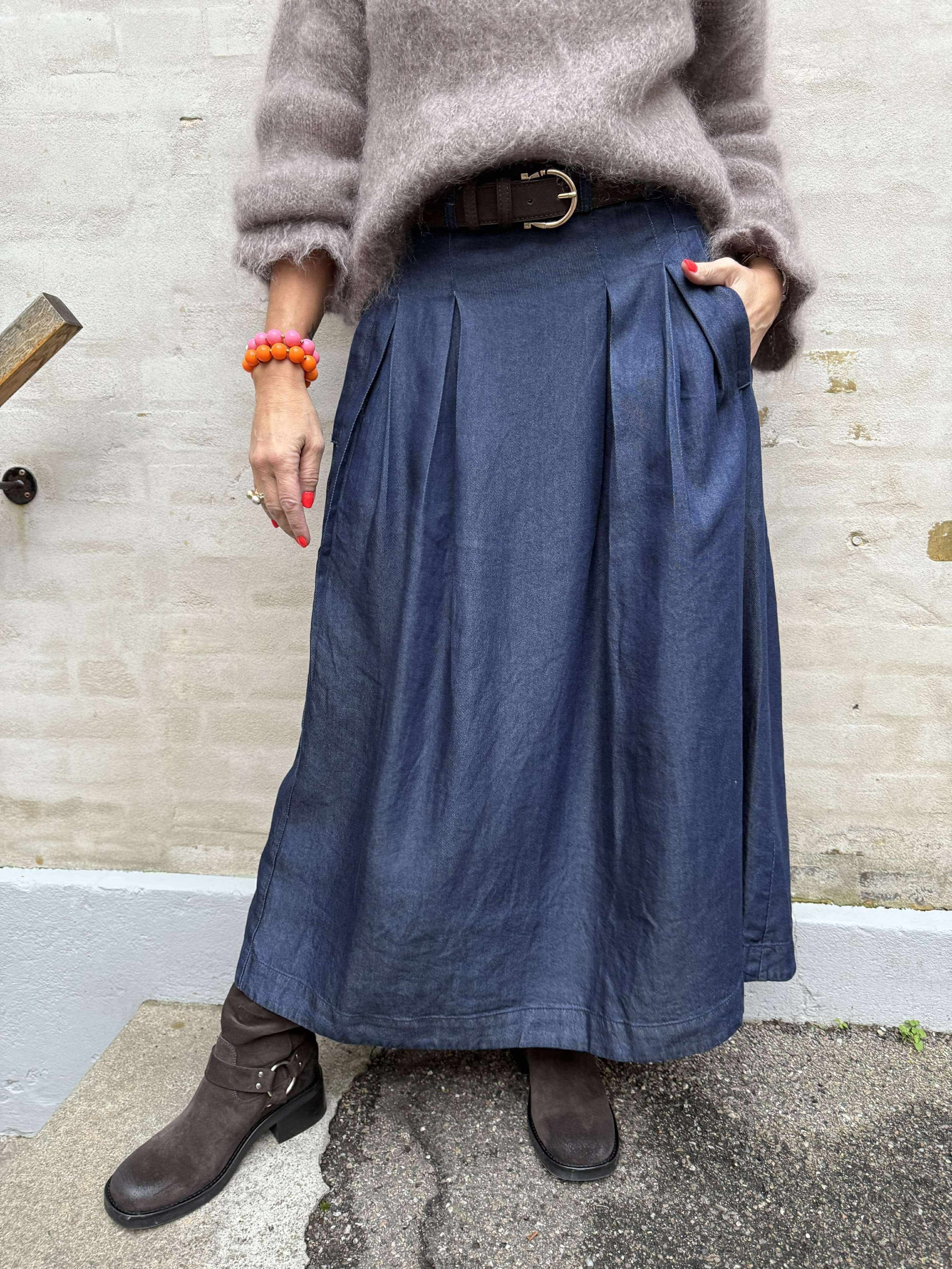 Anya Denim Pleat Skirt - Navy Denim